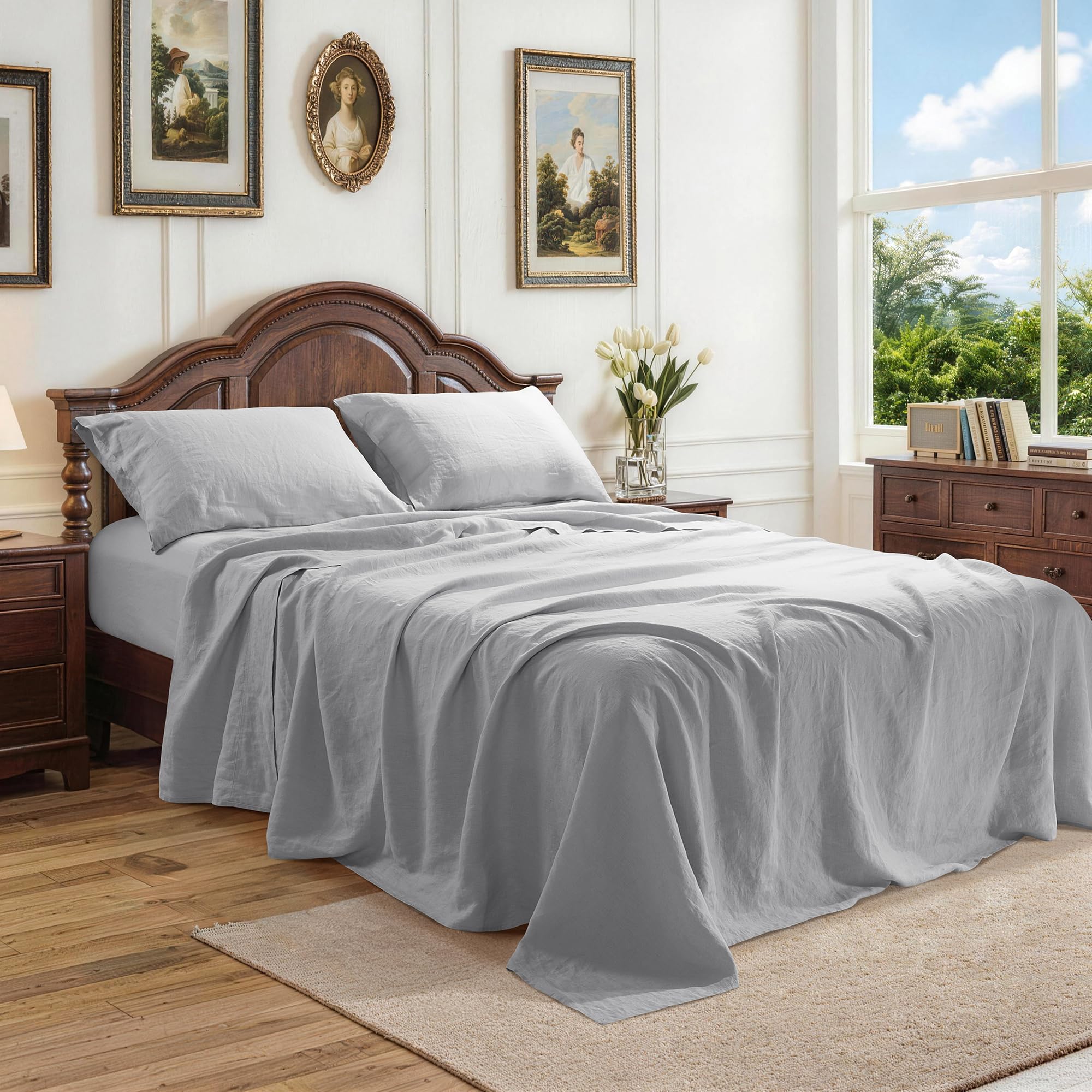 100% French Linen Sheet Set 4Pcs, 16” Deep Pocket Durable Bed Sheet King