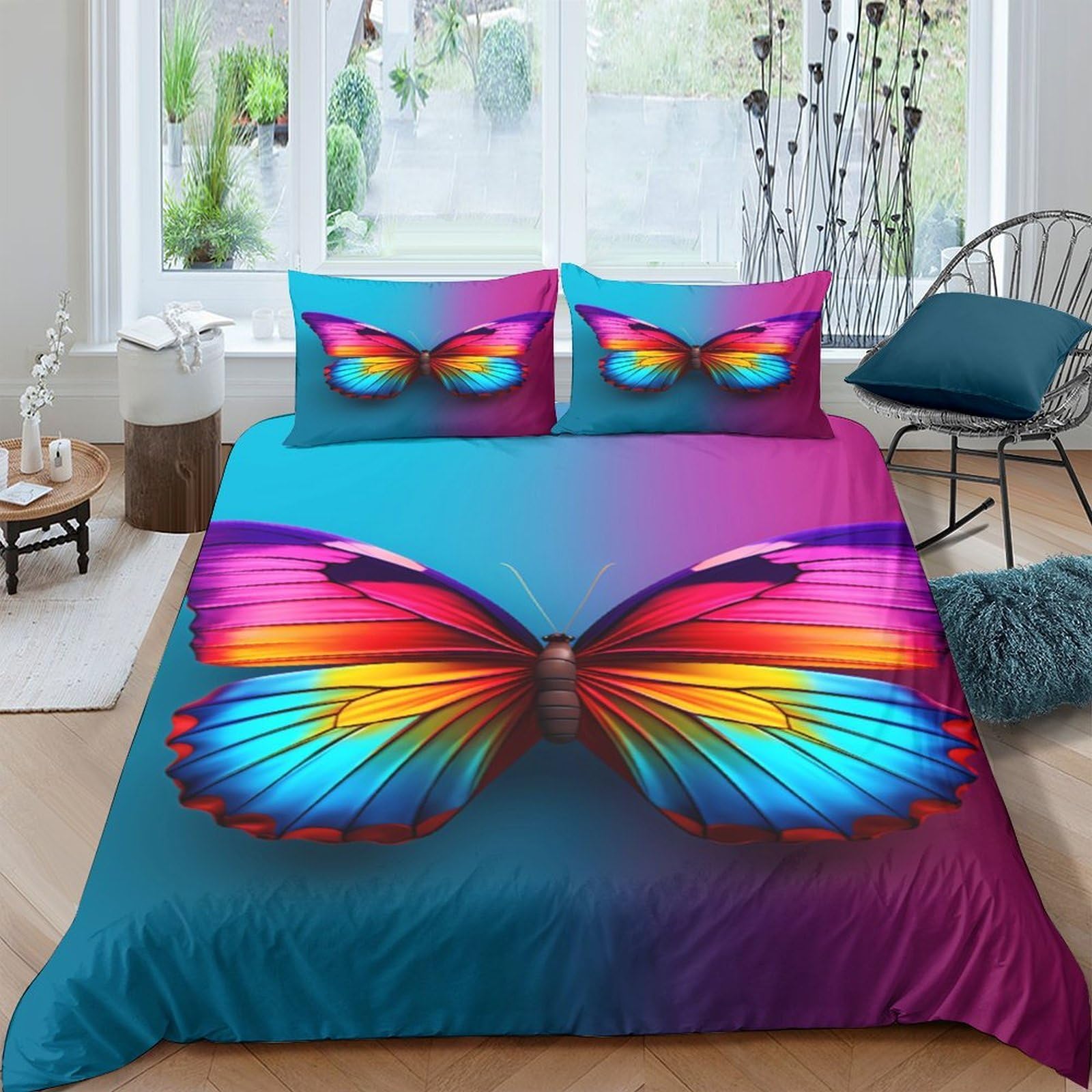 GPLZQXKJNH 3D Printed Rainbow Butterfly Duvet Cover Microfiber Soft Breathable Gradient Bedding Set with 2 Pillowcases for Bedroom Decor Single（135x200cm）