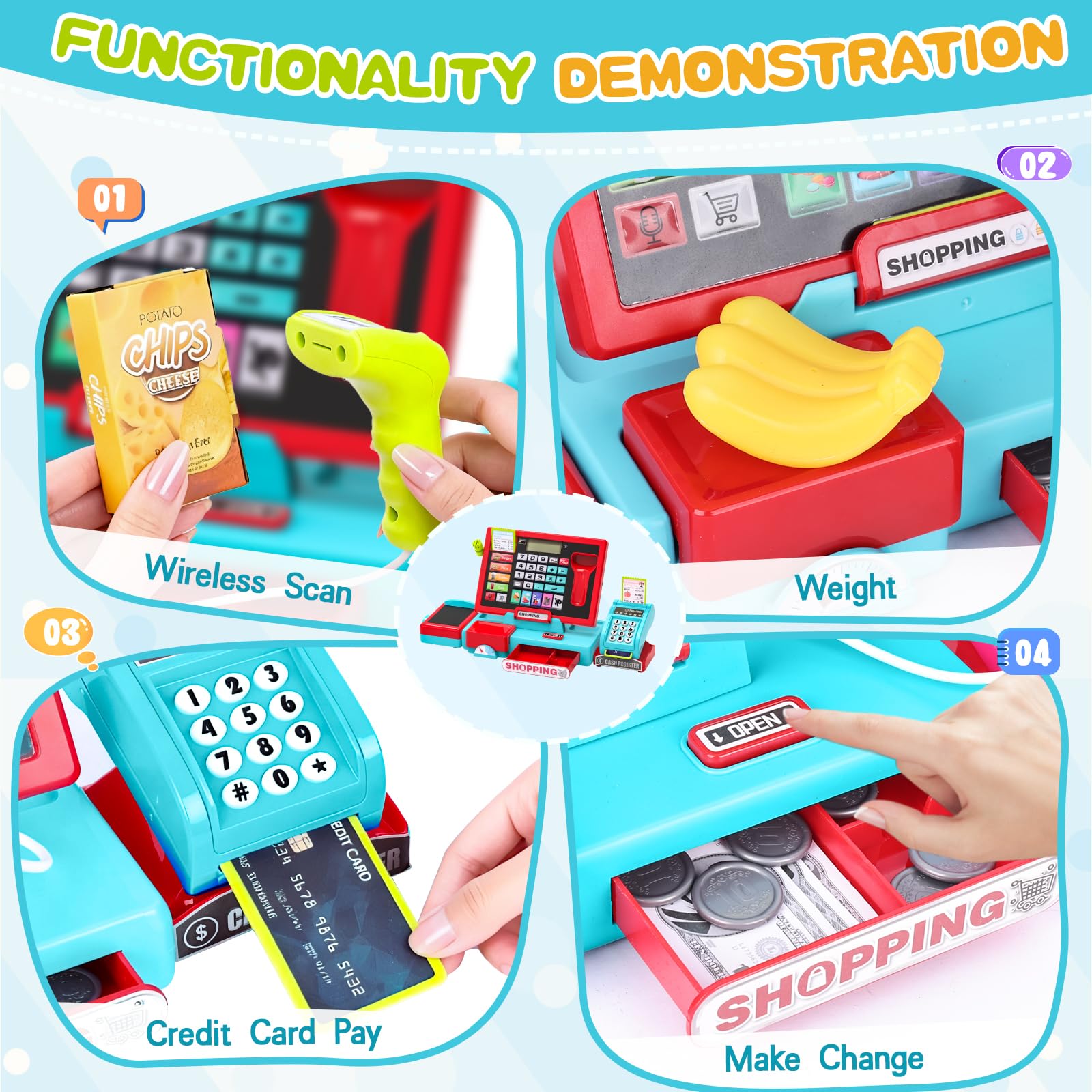 Caisse Enregistreuse Enfants Électronique, Caisse de Supermarché avec Scanner et Son, Jouet Monnaie pour Enfant avec Accessoires, Jeu Éducatif pour Enfants dès 3 Ans