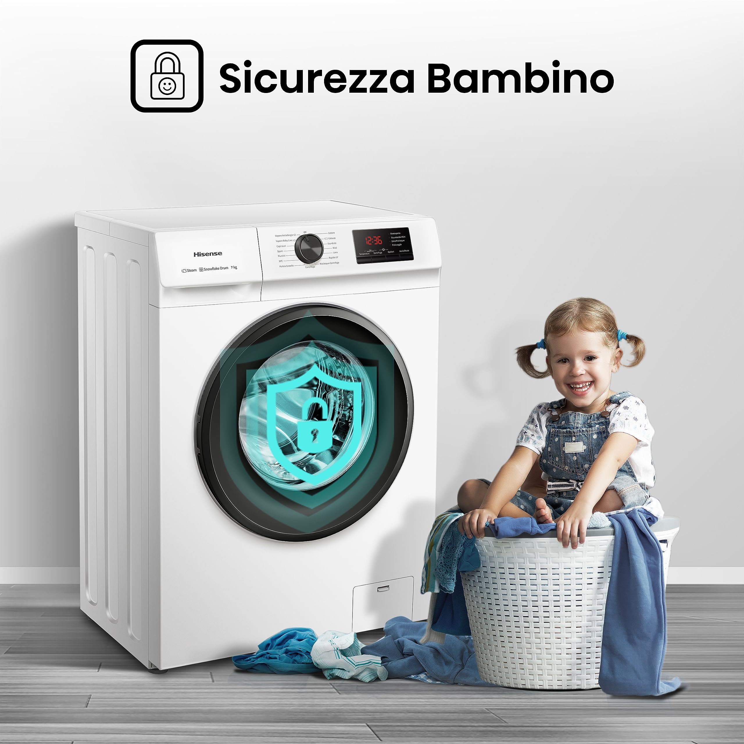 Hisense WFVB7012EM - Lavatrice a Carica Frontale 7 Kg, 1200 rpm, 15 Programmi, Vapore, Display LED, Programma Rrapido, Partenza Ritardata, Child Lock