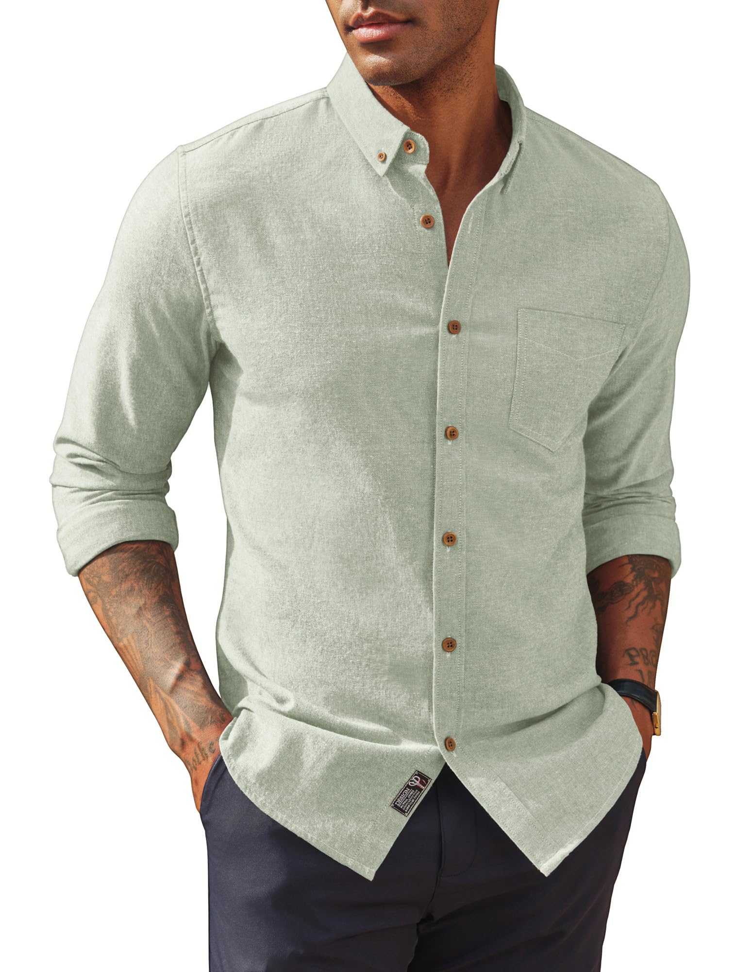 PJ PAUL JONES Camisa de manga larga para hombre, de algodón y lino, cuello abotonado, estilo casual, verde claro, L