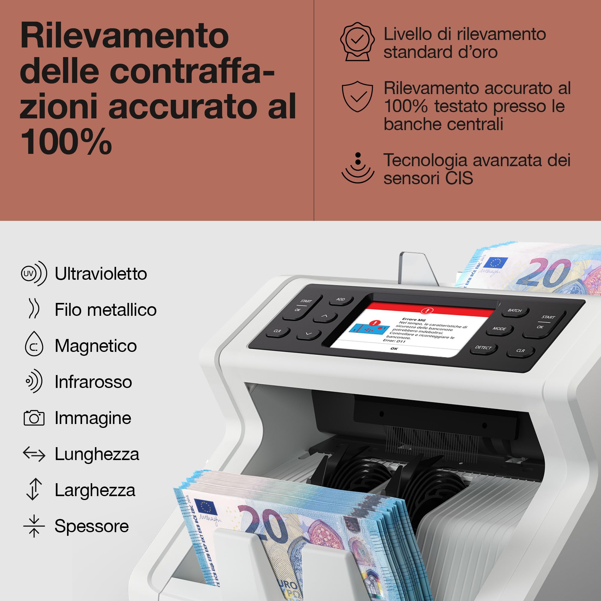 Safescan 2485-SC Contabanconote che conta il valore le banconote miste - Conta banconote con rilevatore di banconote falso a 8 punti - Macchina conta banconote con l'app gratuita Safescan | Contasoldi con l'app gratuita Safescan