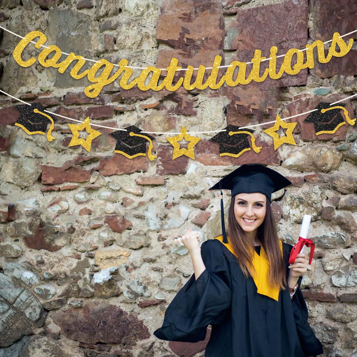 Gold Congratulations Banner Graduation Decorations,Glitter Congrats Grad Party Decor-Class of 2026 Sign for Middle School High School College Graduation Party Supplies