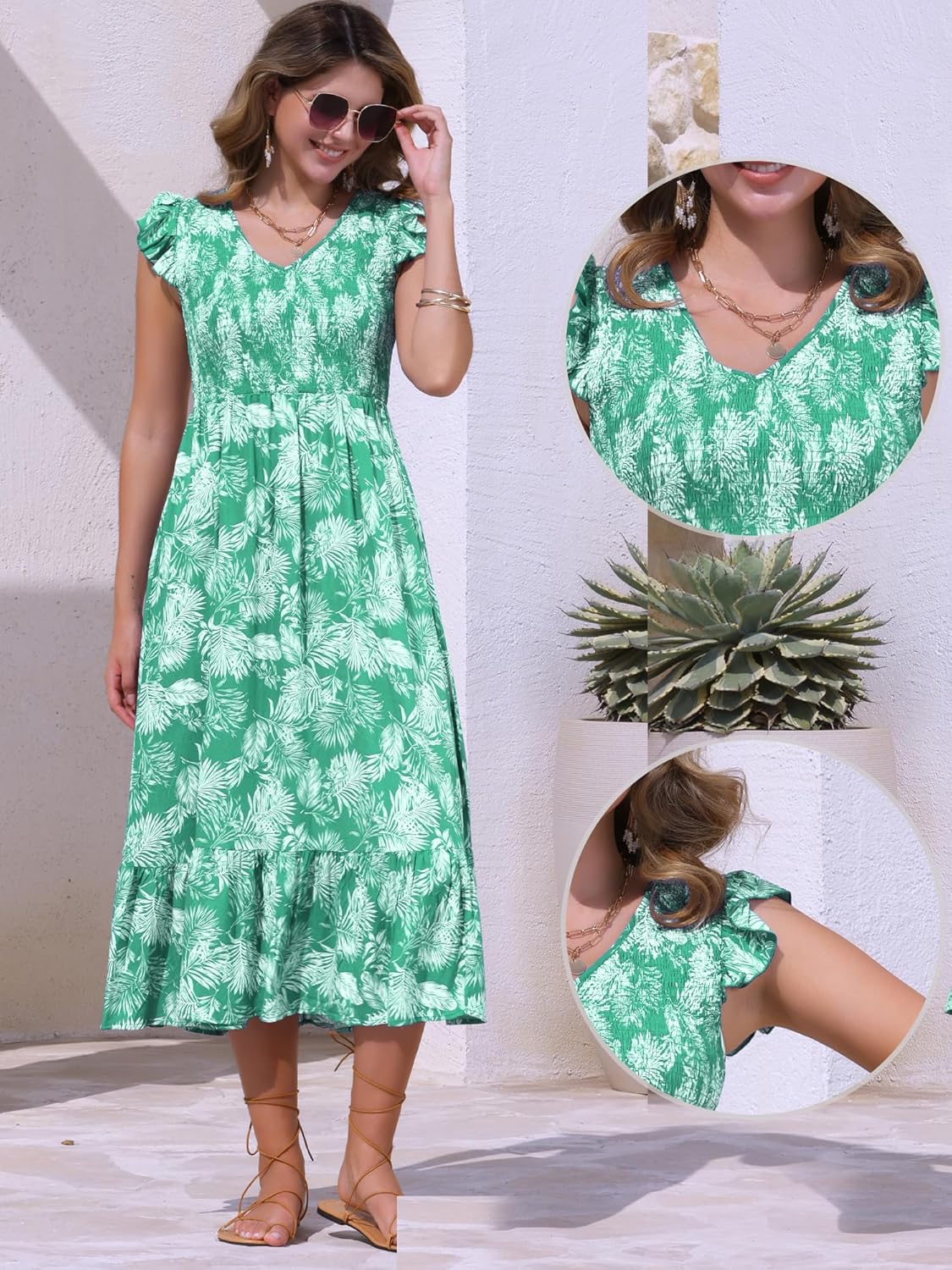 Allegra K Ruffle Sleeve V Neck Dress for Women Short Sleeve Printed Casual Tiered Beach Vacation Midi Dresses - Image 2