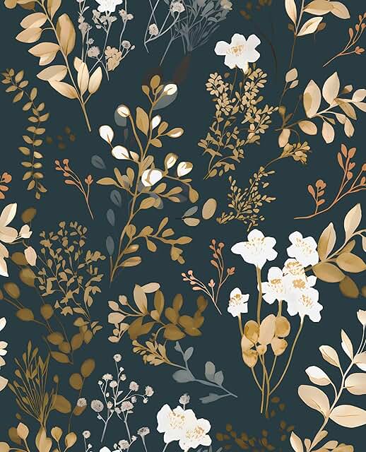 Navy Floral Wallpaper Peel and Stick Boho Wallpaper Vintage Blue/Gold Le...