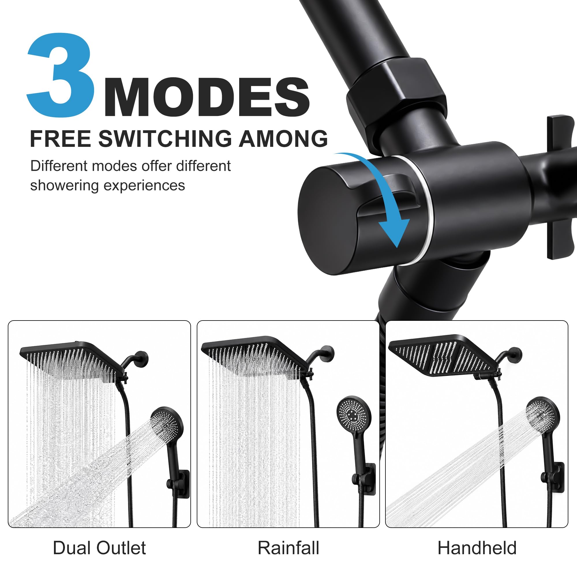 Cabezal de ducha, 8 pulgadas de alta presión de lluvia/ducha de mano con brazo de extensión, cabezal de ducha antifugas con soporte, altura/ángulo ajustable, negro mate
