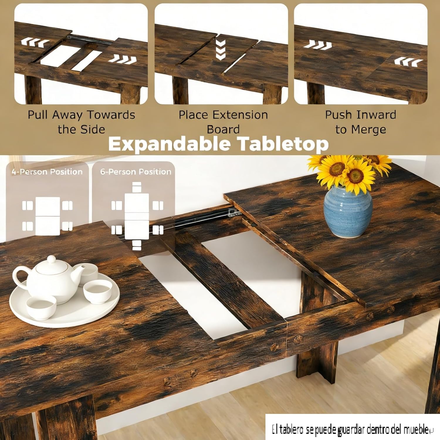 LIFEZEAL Tavolo Allungabile, Tavolo da Pranzo, Cucina, Sala da Pranzo, 120-158cm Piano Estensibile, per 4-6 Persone, Scrivania, Industriale, Salvaspazio, Rettangolare, in Legno, Max 110kg, Marrone