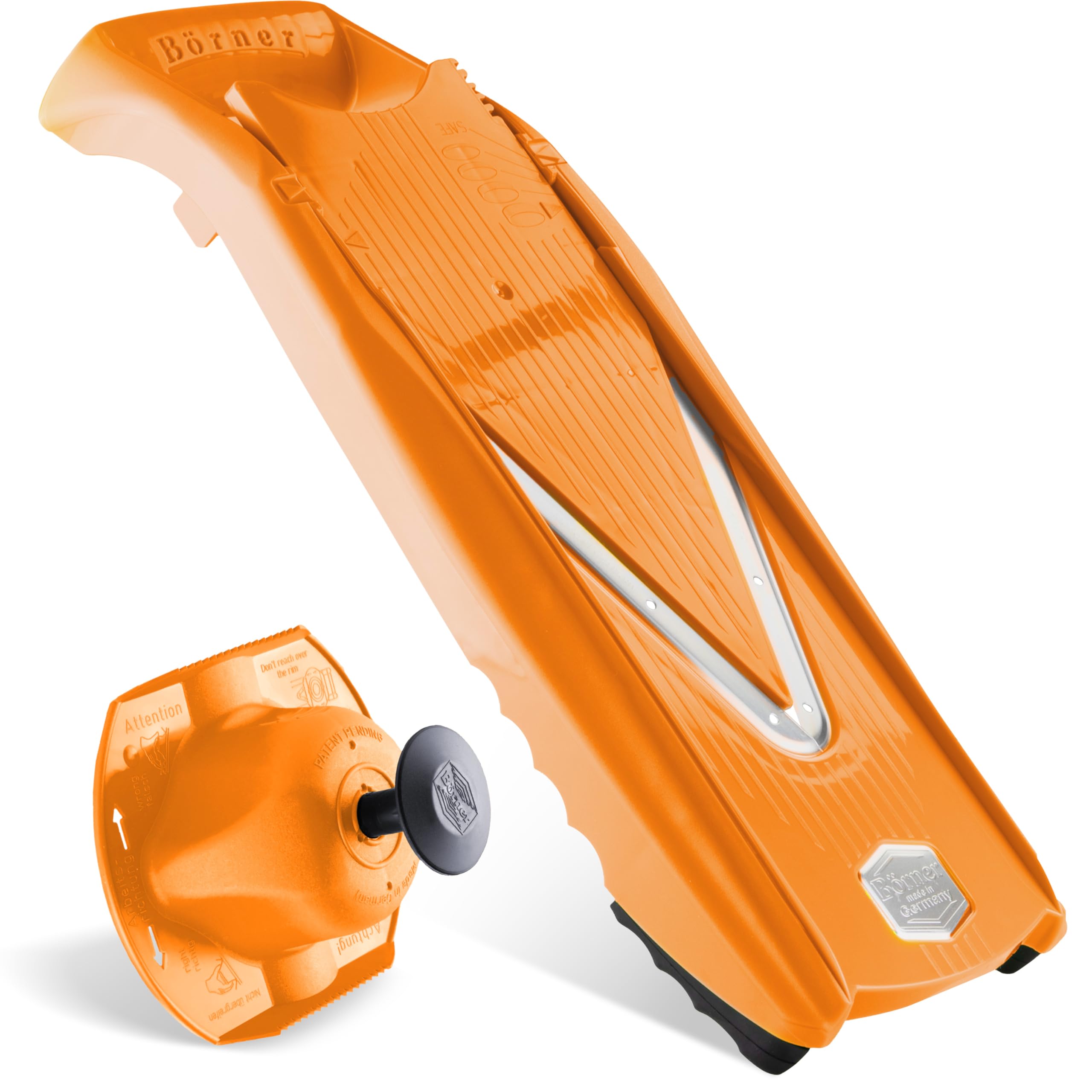 Börner by Reston Lloyd Mandoline Slicer V5 (Basic Set) • V-Slicer with 4 Cutting Options & Safety Food Holder • Adjustable Kitchen Slicer for Vegetables & Fruits • Color: Orange