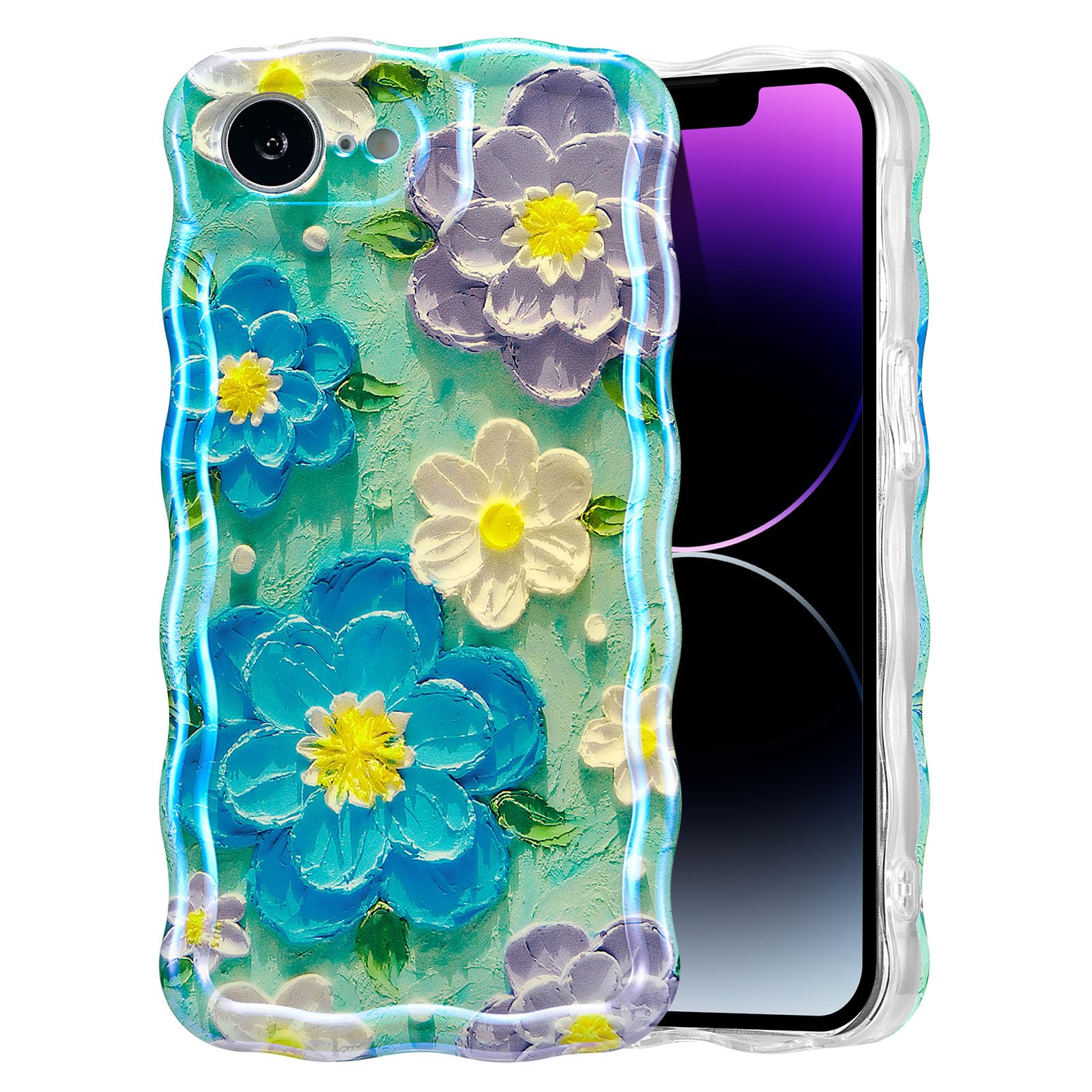 EYZUTAK Case for iPhone 15, Colorful Retro Oil Painting Flower Laser Beam Glossy Pattern Cute Curly Waves Border Exquisite Phone Cover Stylish Durable Soft TPU Protective Case for Girls Women - Green — view 84