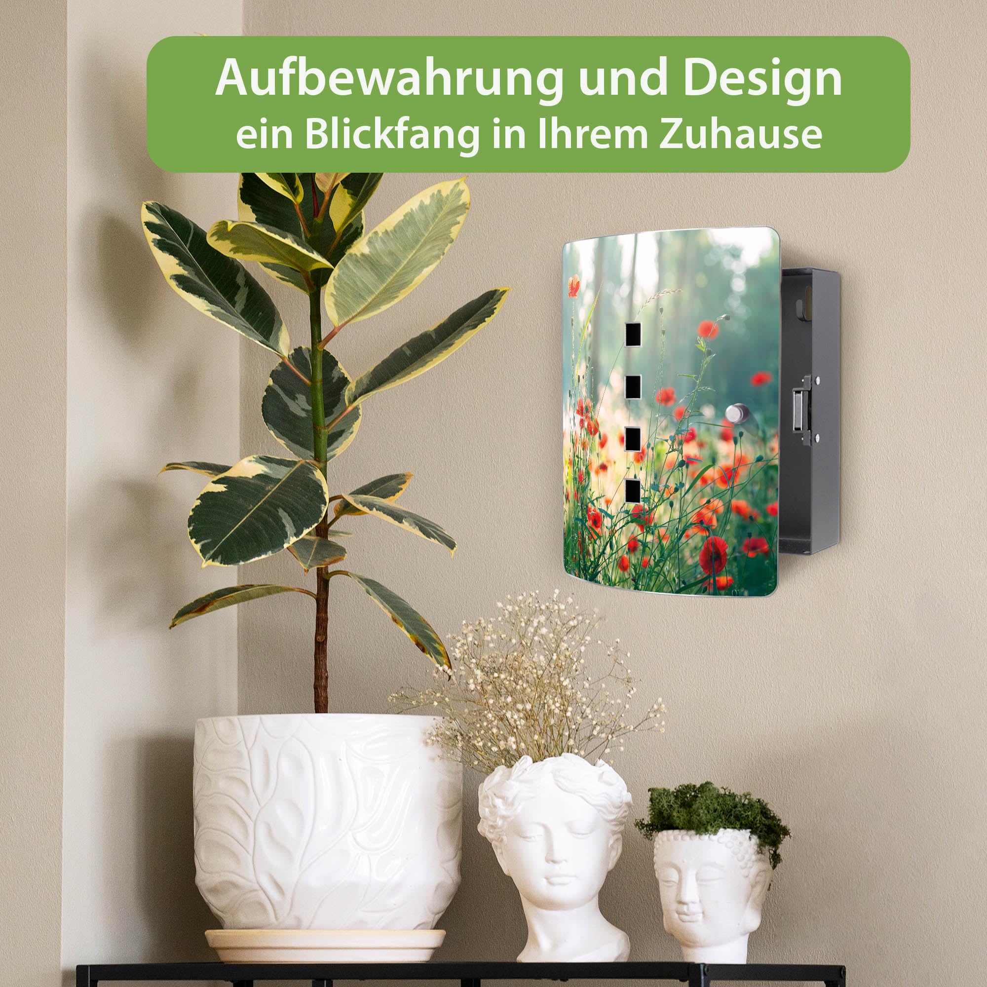 banjado Design Schlüsselkasten aus Edelstahl für 10 Schlüssel - Schlüsselschrank zur Schlüssel Aufbewahrung 24 x 21,5 x 7cm groß mit praktischem Magnetverschluss - Motiv Waldmohn
