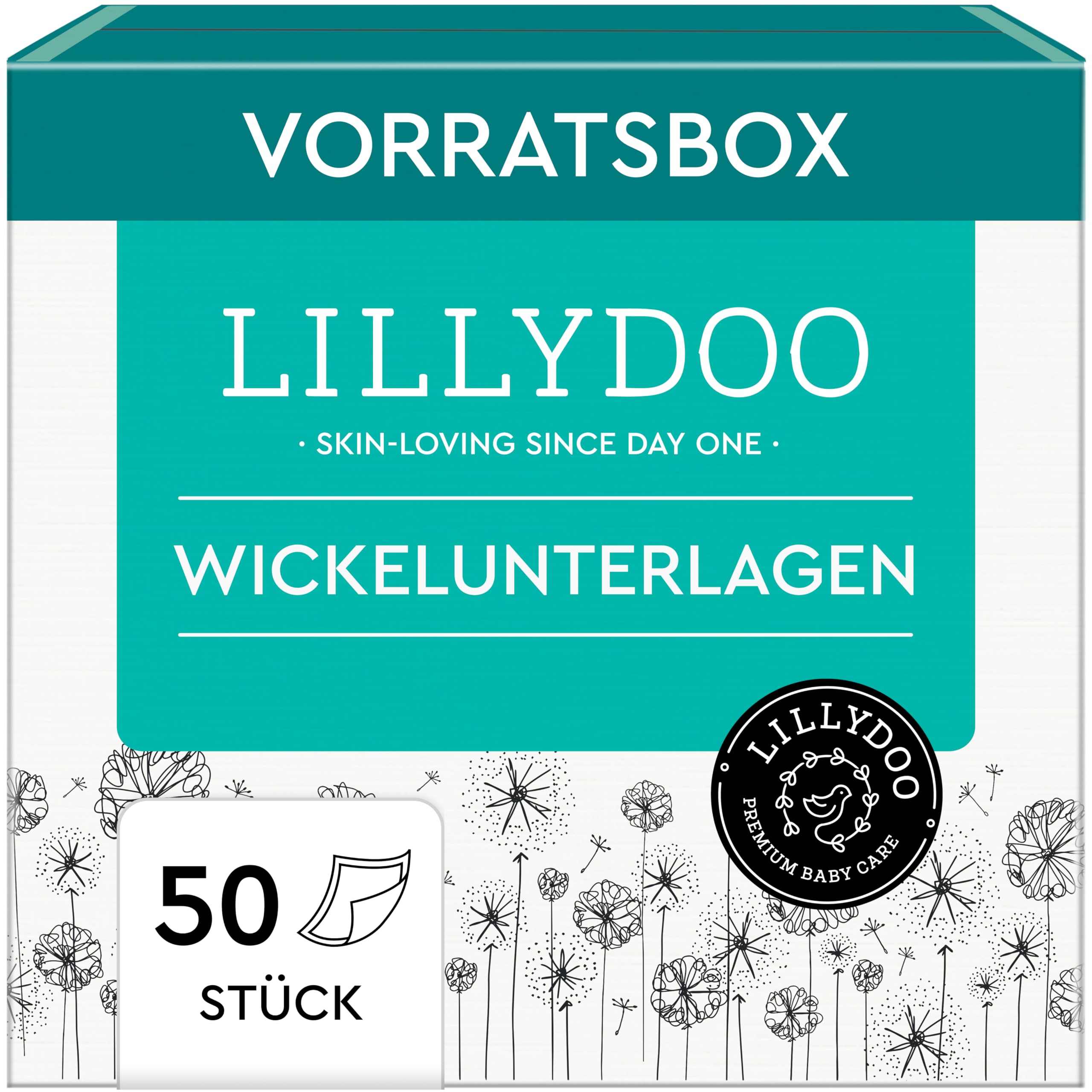 LILLYDOO hautfreundliche Baby Wickelunterlagen 60x 60 cm, 50er Pack (5x10 Stück), Weich, Ohne Parfüme & Lotionen für empfindliche Haut, Dermatologisch getestet