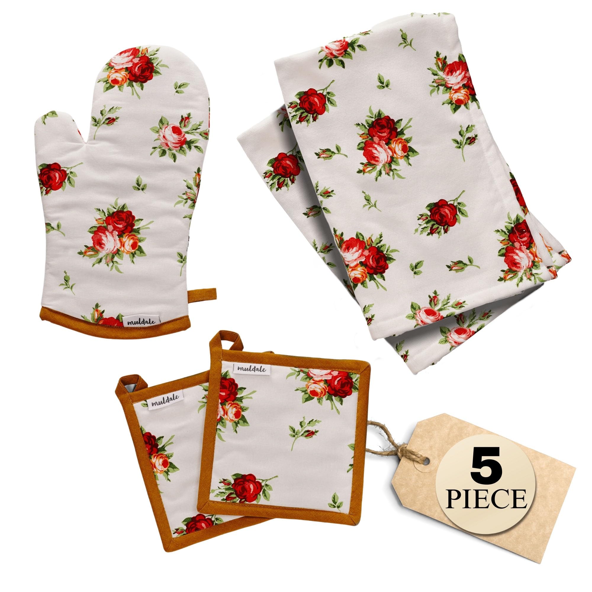 Muldale Floral Oven Mitt and Pot Holders Set - Kitchen Towels and Mittens - 5 Pack - Vintage Decor - Kitchen Textile Linen Sets - Soft and Absorbent - Royal Albert Rose Design