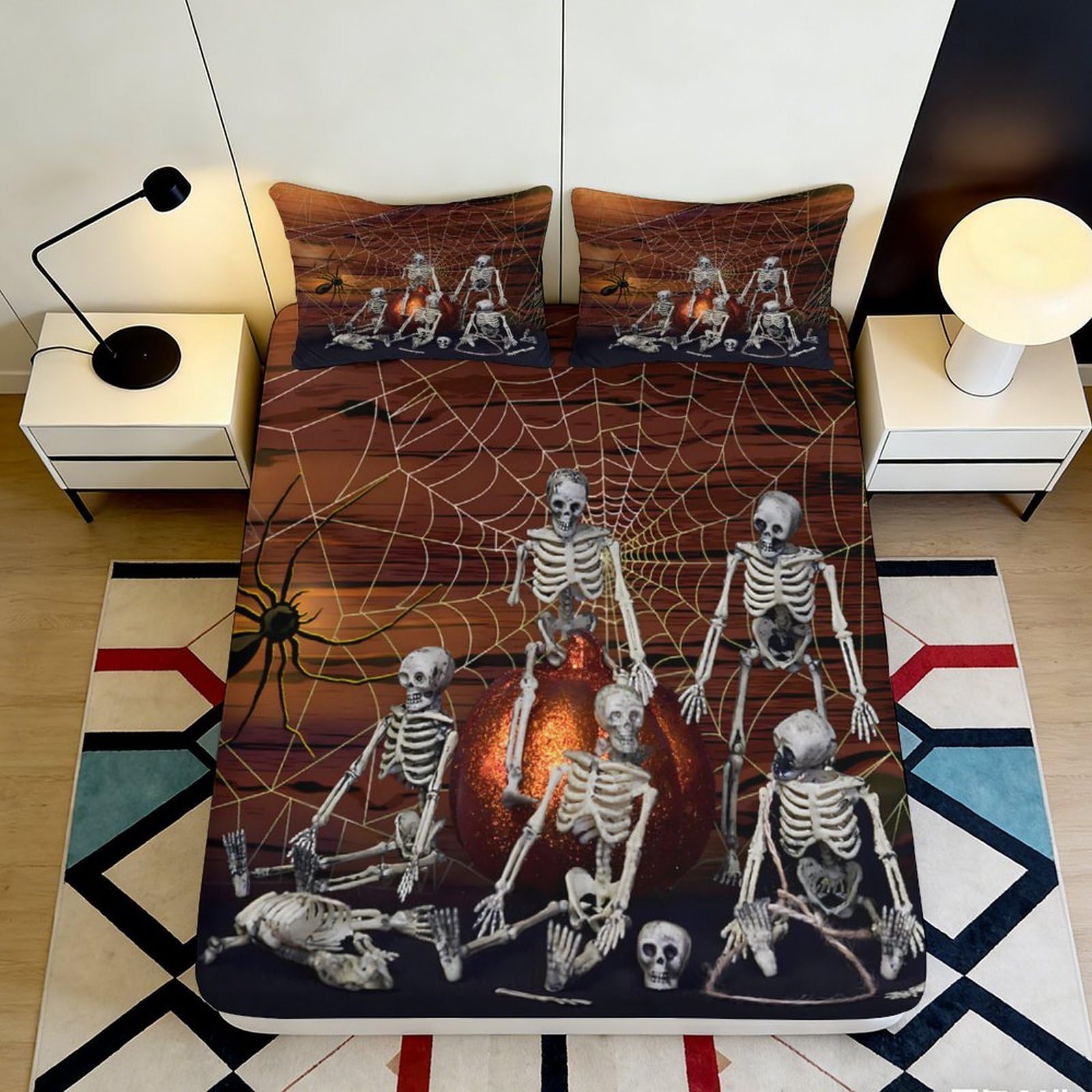 Pnayamiorkfel Style-8 3D Printed Skeleton Halloween Fitted Sheet Microfiber Anti-Slip Spider Web Mattress Cover For Bedroom Guest Room Decor 90X200x25cm