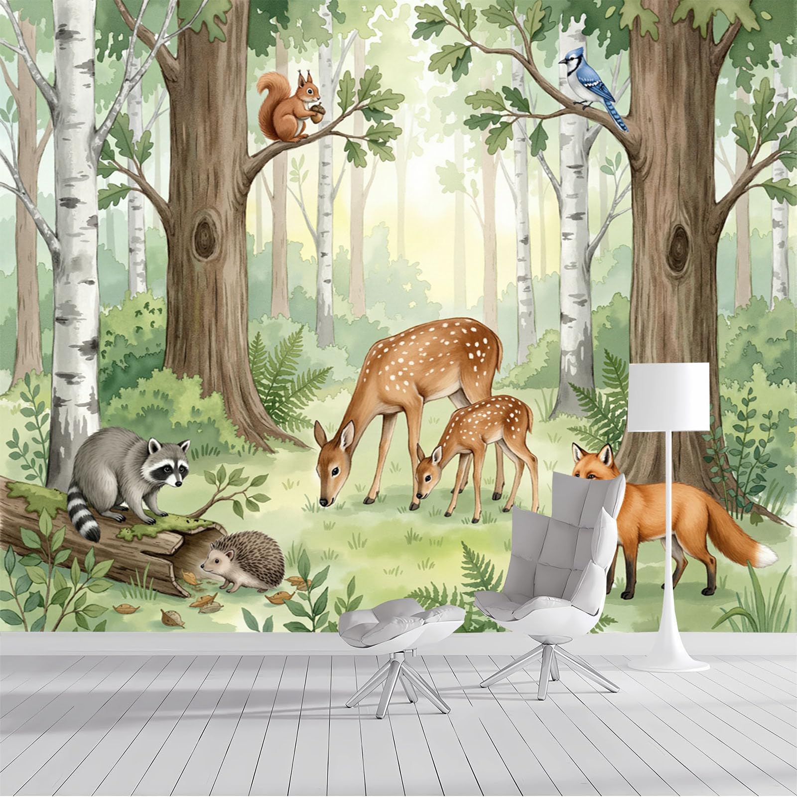 Papier peint panoramique animaux forêt aquarelle chambre enfant fille garçon décoration murale