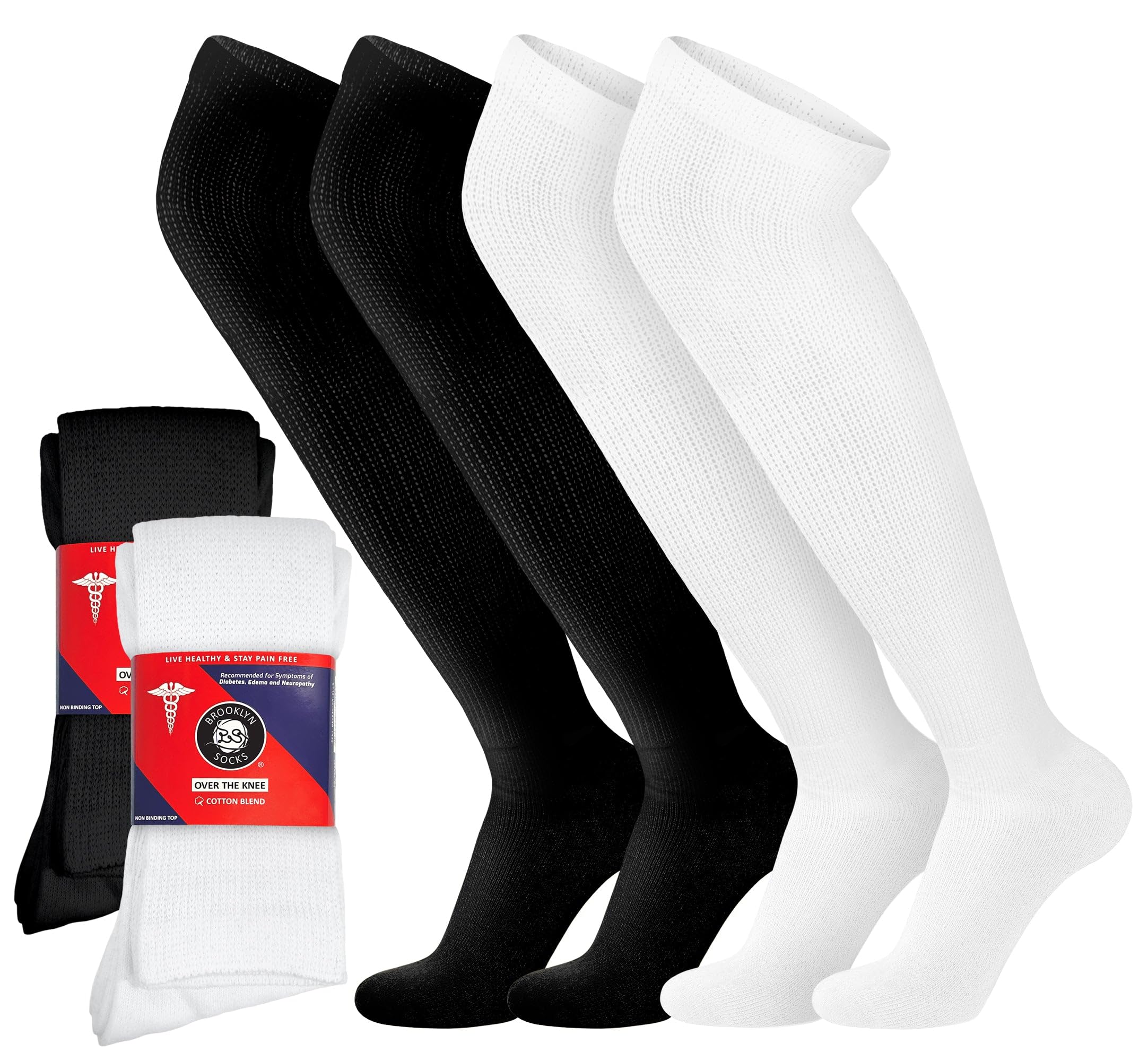 Brooklyn Socks Unisex Black And White 4 Pairs Of Over The Knee Non-Binding Cotton Diabetic Neuropathy Socks (, Fits Uk Shoe Size 6.5-8.5)