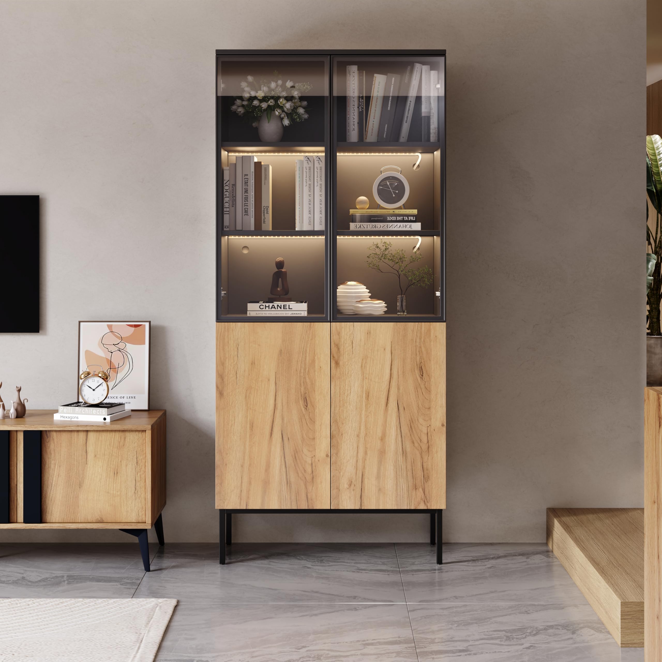 BTM Vitrine Glastüren, 180 cm hoher Schrank LED-Leuchten, Bücherregal, 5-stöckige Glasvitrine Sammlerstücke, Büro, Schwarz/Eiche