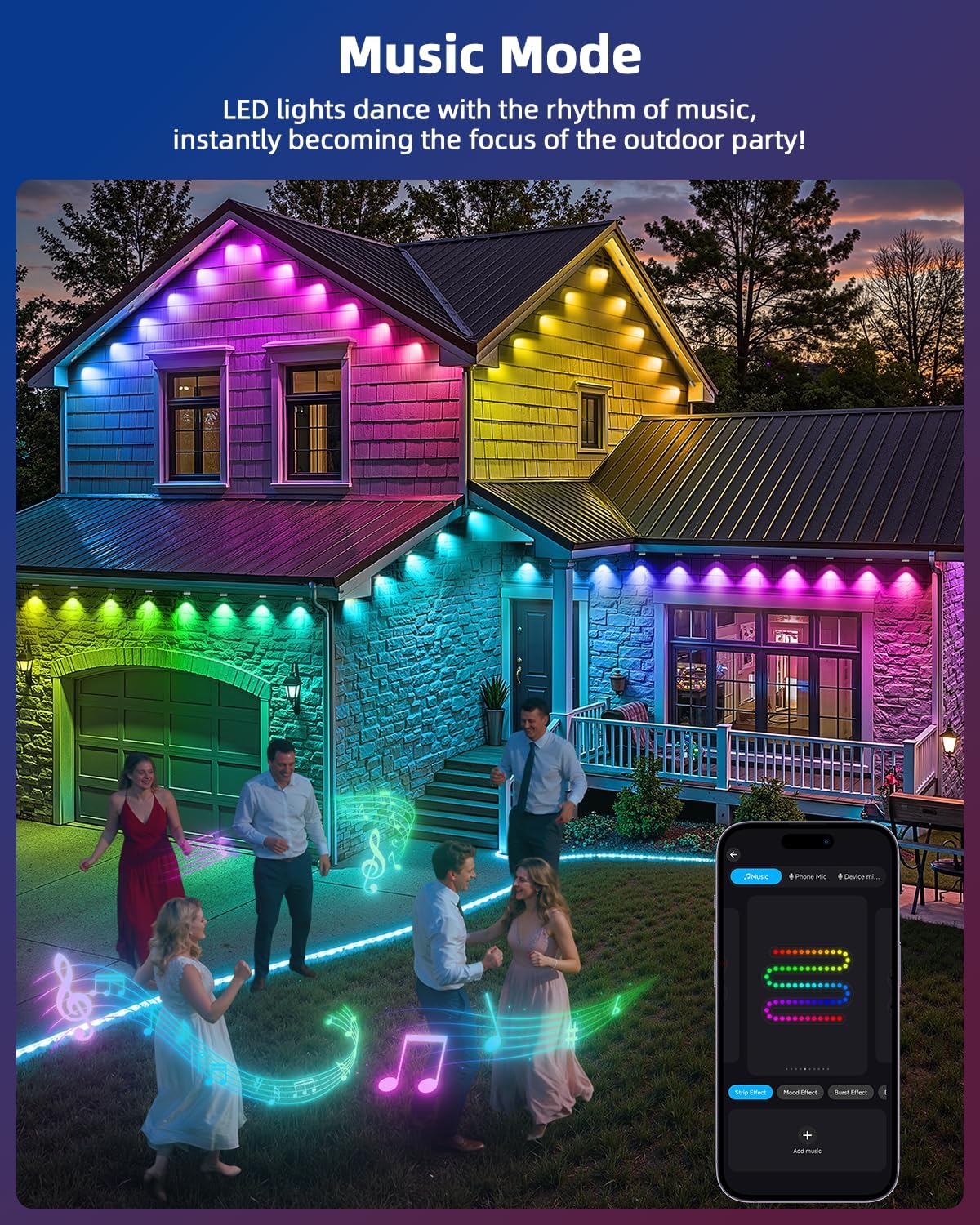 REYLAX permanent outdoor lights in music mode, synchronizing with music as people dance in front of a house.
