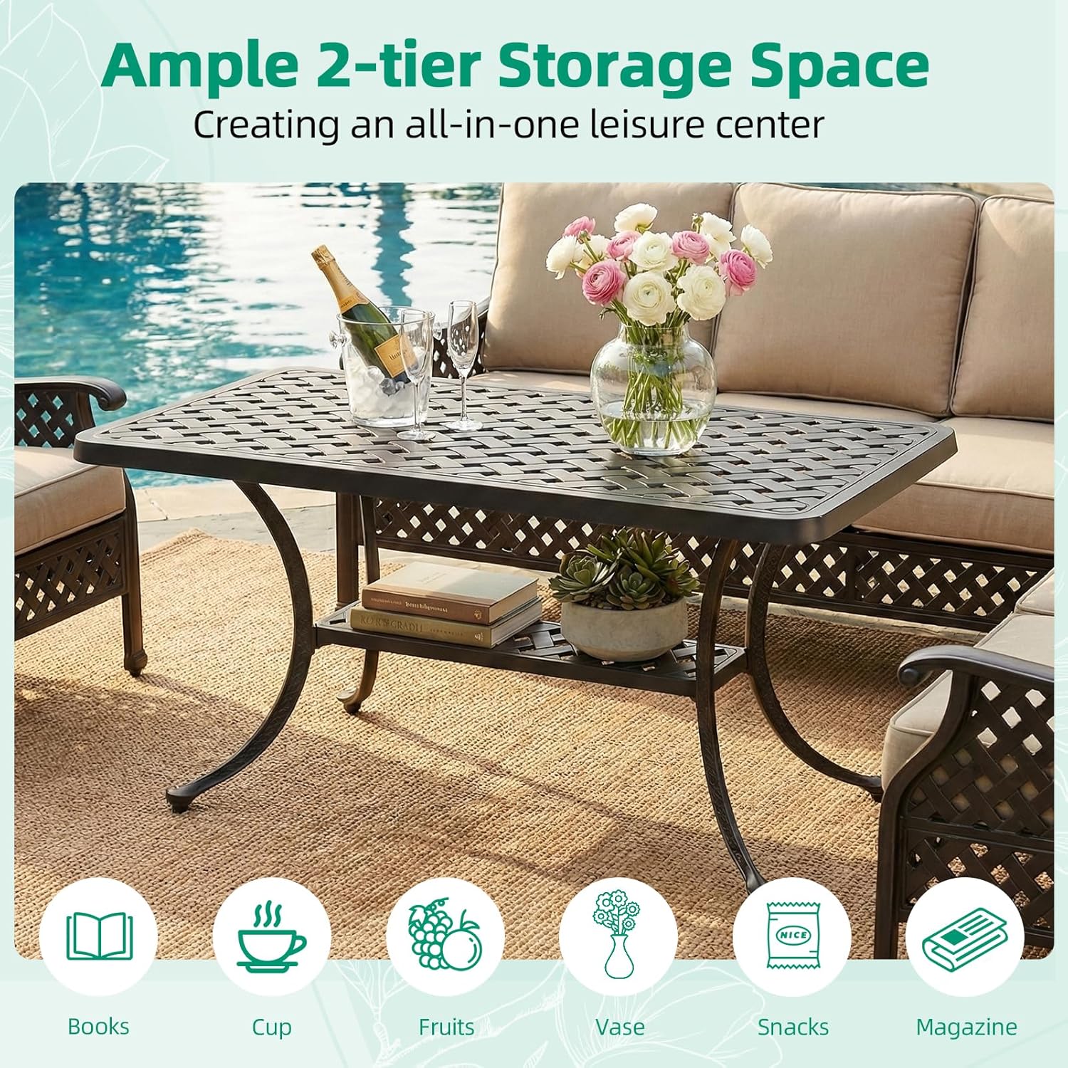 VIVIJASON Cast Aluminum Outdoor Coffee Table, 42 x 21 Inch Rectangular Patio Conversation Table with 2-Tier Storage, Rust-Resistant All-Weather Center Table for Deck, Backyard, Porch, Antique Bronze