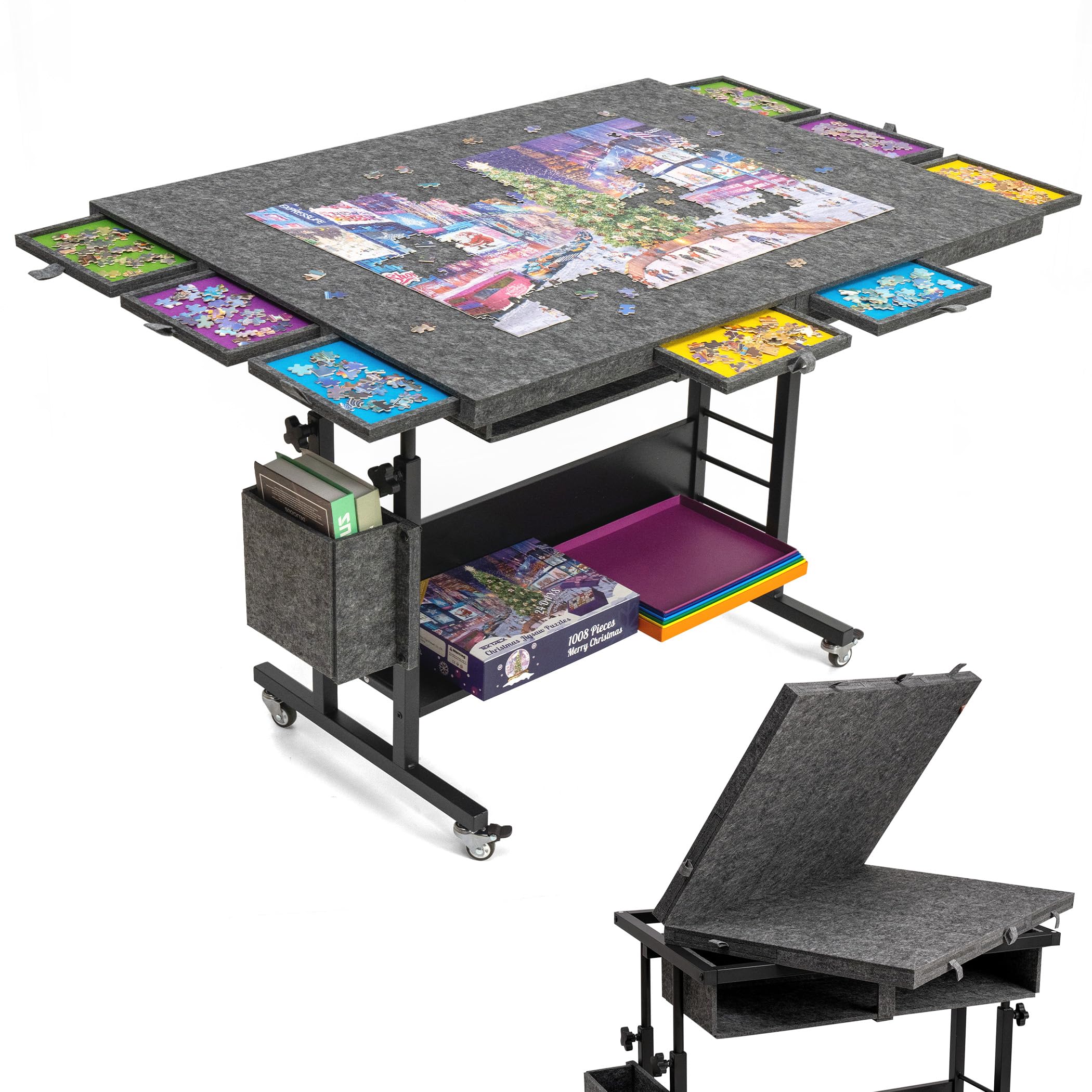 Tektalk Table de Puzzle Pliable en Feutre de 2000 pièces avec réglage de la Hauteur, Planche de Puzzle pour Adultes avec 2 couvertures et 8 Plateaux de tri/tiroirs, chevalet avec Pieds, fermée avec 4
