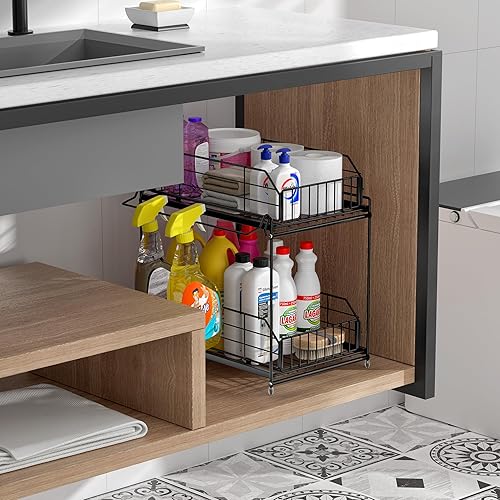 Miniatura 7 de SUEH DESIGN Organizadores y almacenamiento debajo del fregadero, 2 niveles de almacenamiento de metal debajo del fregadero con riel colgante para