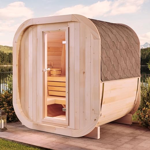 Fasssauna ScandiCube Mini XS Fasssauna met 2 houten zitbanken, sauna met 42 mm wanddikte, buitensauna inclusief montagemateriaal