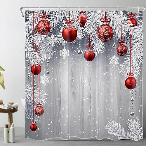 Miniatura 8 de LB Pink Christmas Shower Curtain Sets with Rugs Snowflake and Fir Twigs with Xmas Ball on Rustic Grey Wood Fabric Shower Curtain with Hooks Winter