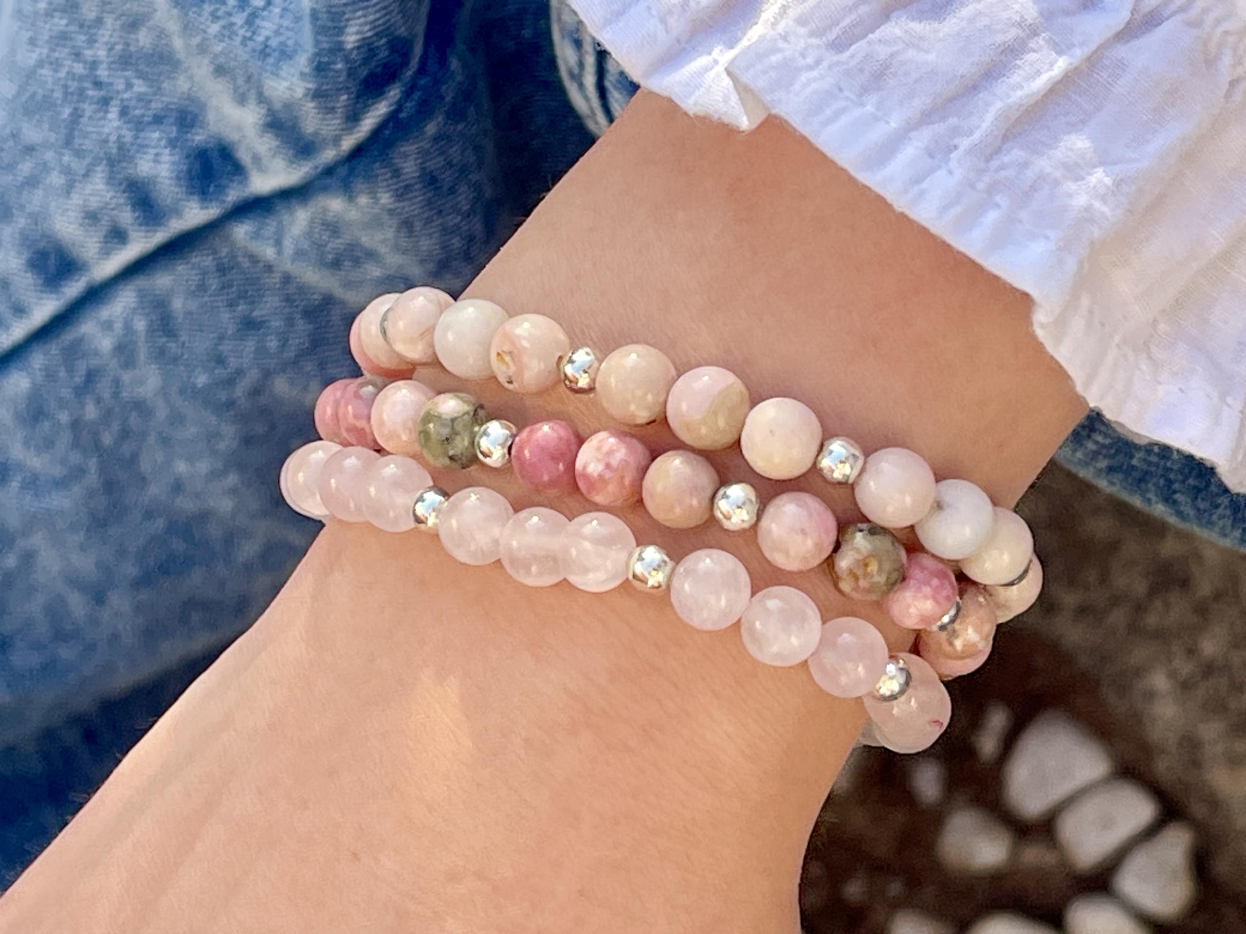 Rosa Opal Armband Perlen echt 6mm mit Edelstahlperlen 4mm Silber Gold Roségold oder Ionisiert - Handmade Perlenarmband Lebenskraft Kreativität und Ruhe - Spiritueller Schmuck Unisex