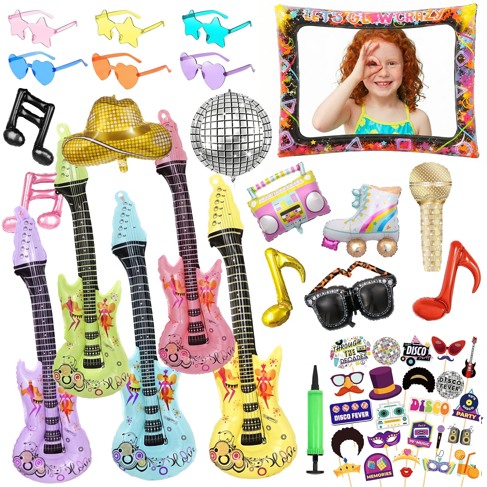 47Pcs Inflatable Instruments Party Props with Funny Sunglasses Set, Inflatable Rock Star Toy Guitar Saxophone Bass Microphones Recorder Piano Photo Booth, 80s 90s Rock N Roll Music Party Decorations