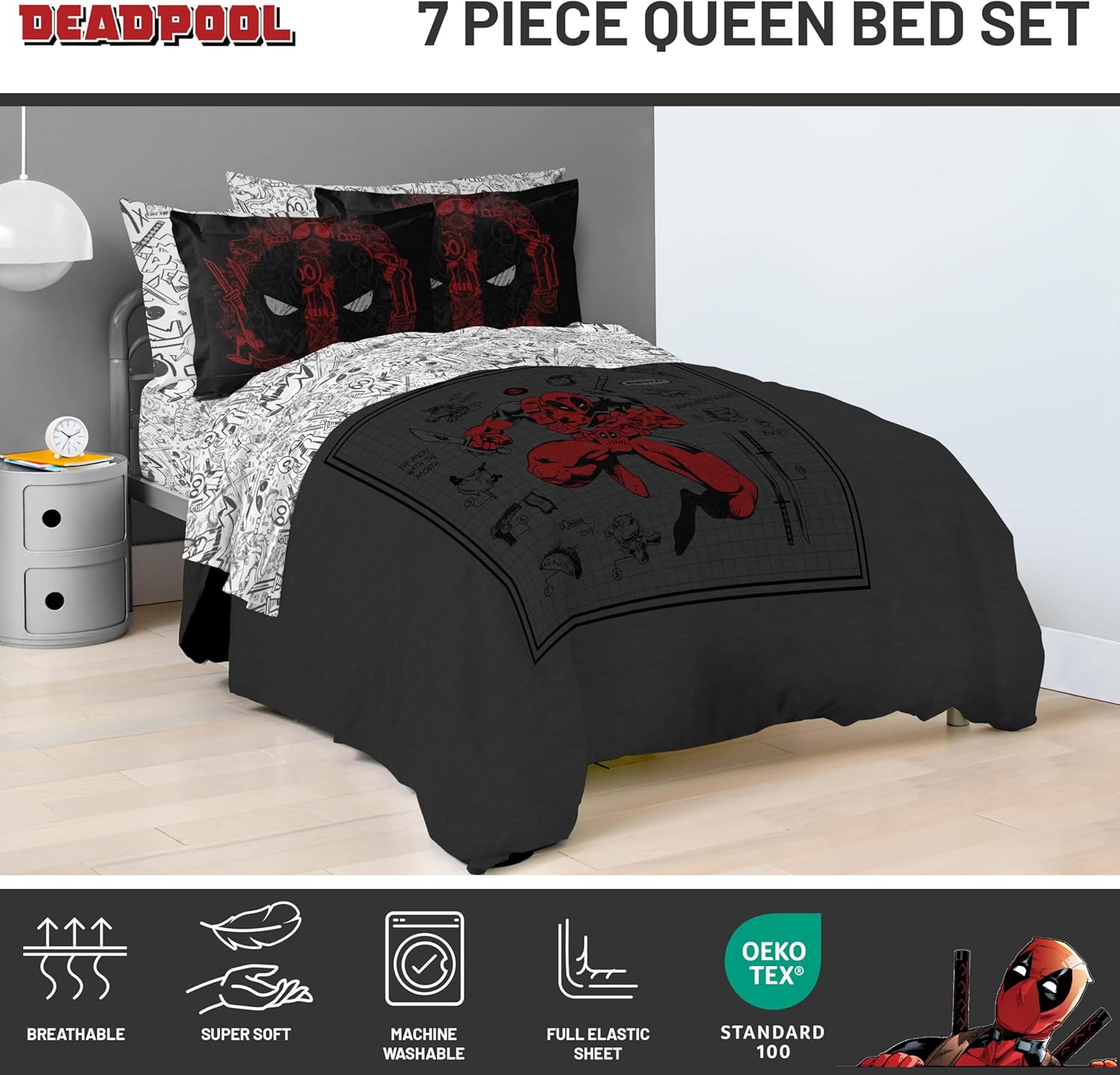 Jay Franco Marvel Deadpool Queen Size Comforter Set - 7 Piece Bedding Includes Sheet Set and Pillow Covers - Gray and Red Super Soft Cozy Bedding