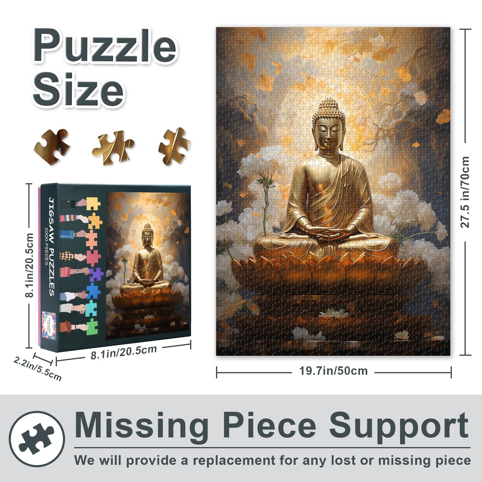 Jigsaw Puzzles for Adults 1000 Pieces, Gold Buddha in Meditation with White Flowers, Premium Adult Puzzles - Image 3
