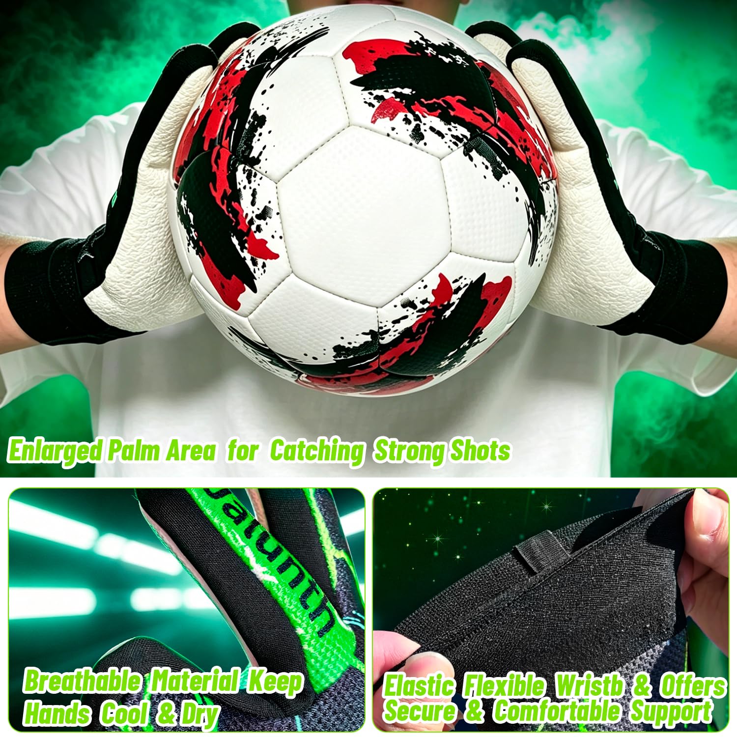 Jalunth Guantes de portero para niños con látex sólido que absorbe los golpes, esponja para guardar los dedos, para entrenamiento, juego de portero, guantes de fútbol, talla 5-8, para niños y niñas de