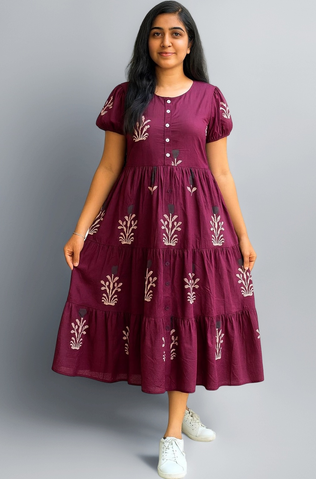 Women's Viscose Rayon Short Sleeves Flower Printed A-Line Long Dress for Wedding Party & Festival