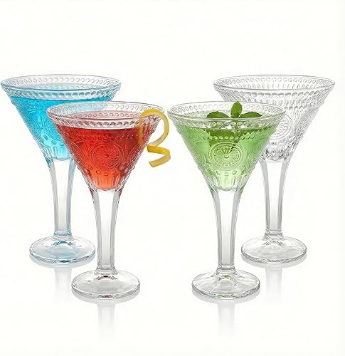 Kingrol Juego de 4 vasos de Martini de 8.5 onzas con elegante diseño en relieve, cristalería de tallo vintage para Martini, Cosmopolitan, Manhattan,