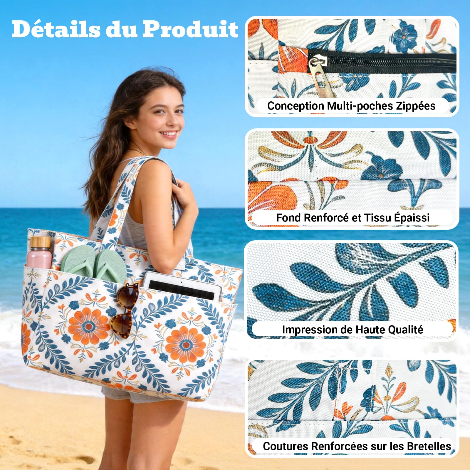 Hap Tim Grand Sac de Plage XXL Femme Famille – Sac Cabas avec Fermeture Éclair et Compartiment Mouillé, Sac Étanche Imperméable Anti-Sable, Sac de Voyage pour Vacances Piscine Sport