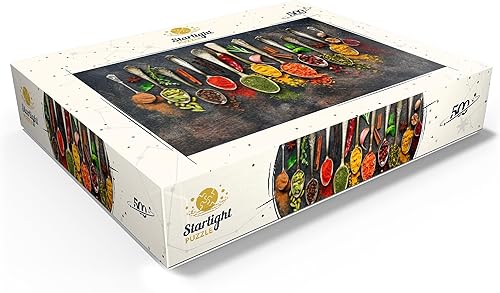 Miniatura 3 de MyPuzzle - Surtido de especias naturales en cucharas vintage en pizarra oscura, rompecabezas prémium de 500 piezas para adultos