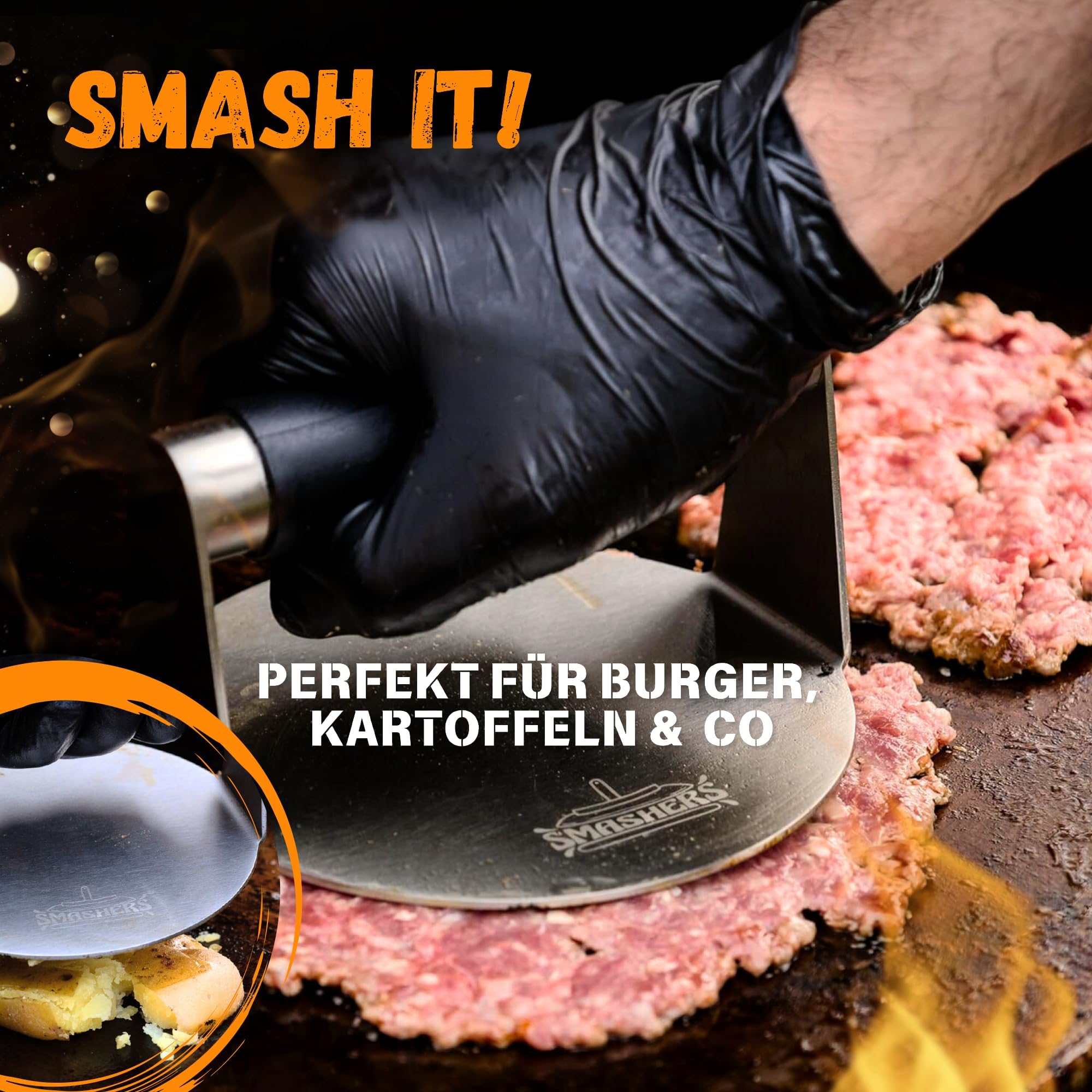 SMASHERS Smash Burger Set – Burger Smasher Set mit Burgerpresse, Grillspachtel, Pfannenwender & Burgerglocke - Inkl. E-Book mit Smash Burger Rezepten & Burgerpapier (6-TLG.)