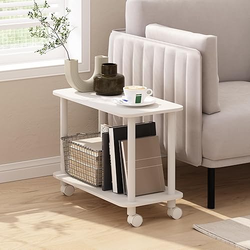 Miniatura 2 de Furinno Turn-N-Tube - Mesa auxiliar rectangular de 2 niveles con ruedas, mesita de noche de esquina redonda, mesita de noche con estante abierto,