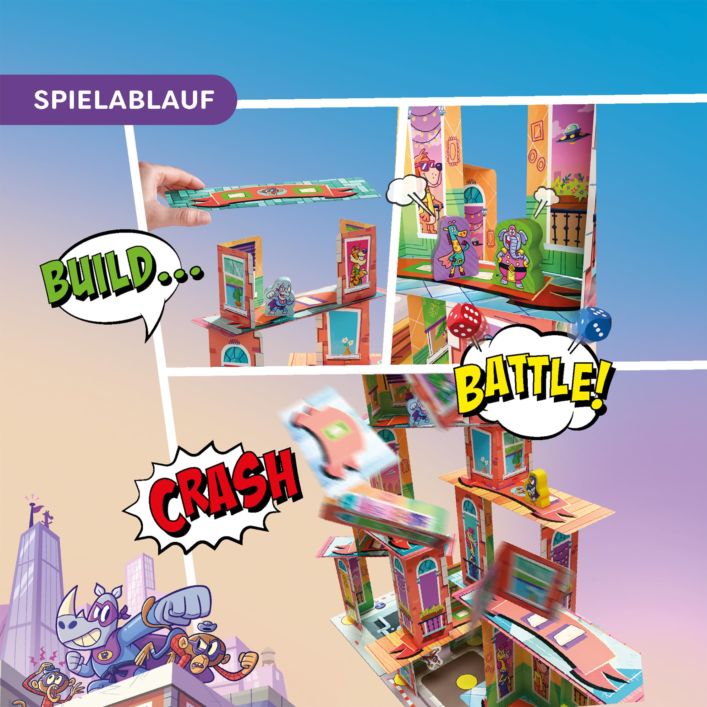 HABA Rhino-Hero: Super-Battle – Spektakuläres 3D-Stapelspiel für Kinder-ab-5-Jahren – Spannendes Geschicklichkeits-Spiel für 2-4 Personen – 2013173001