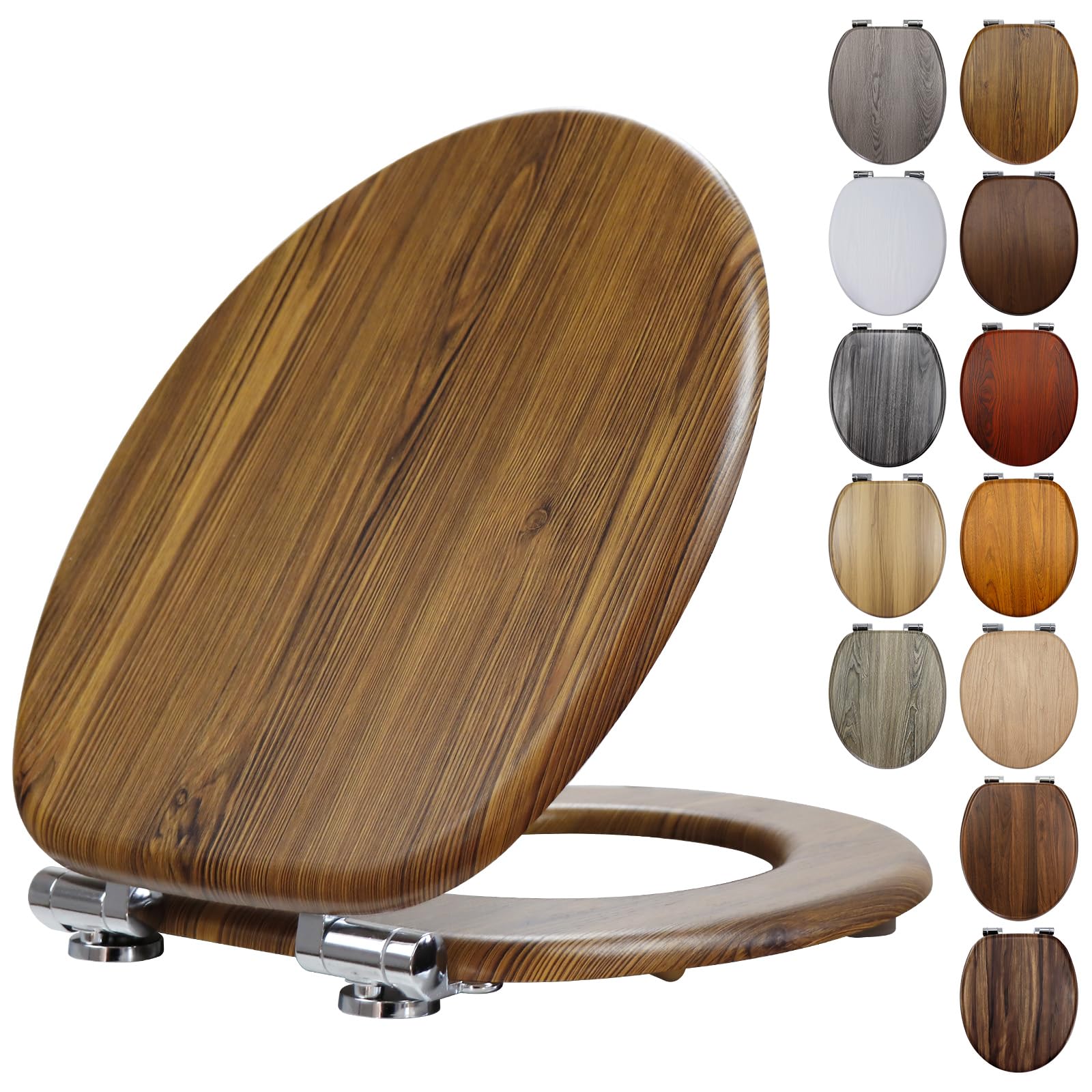 Fanmitrk Wooden Toilet Seat Ancient Pine with Soft Close Adjustable Solid Hinges, MDF Wood Oval Toilet Seat (JH3404-01)