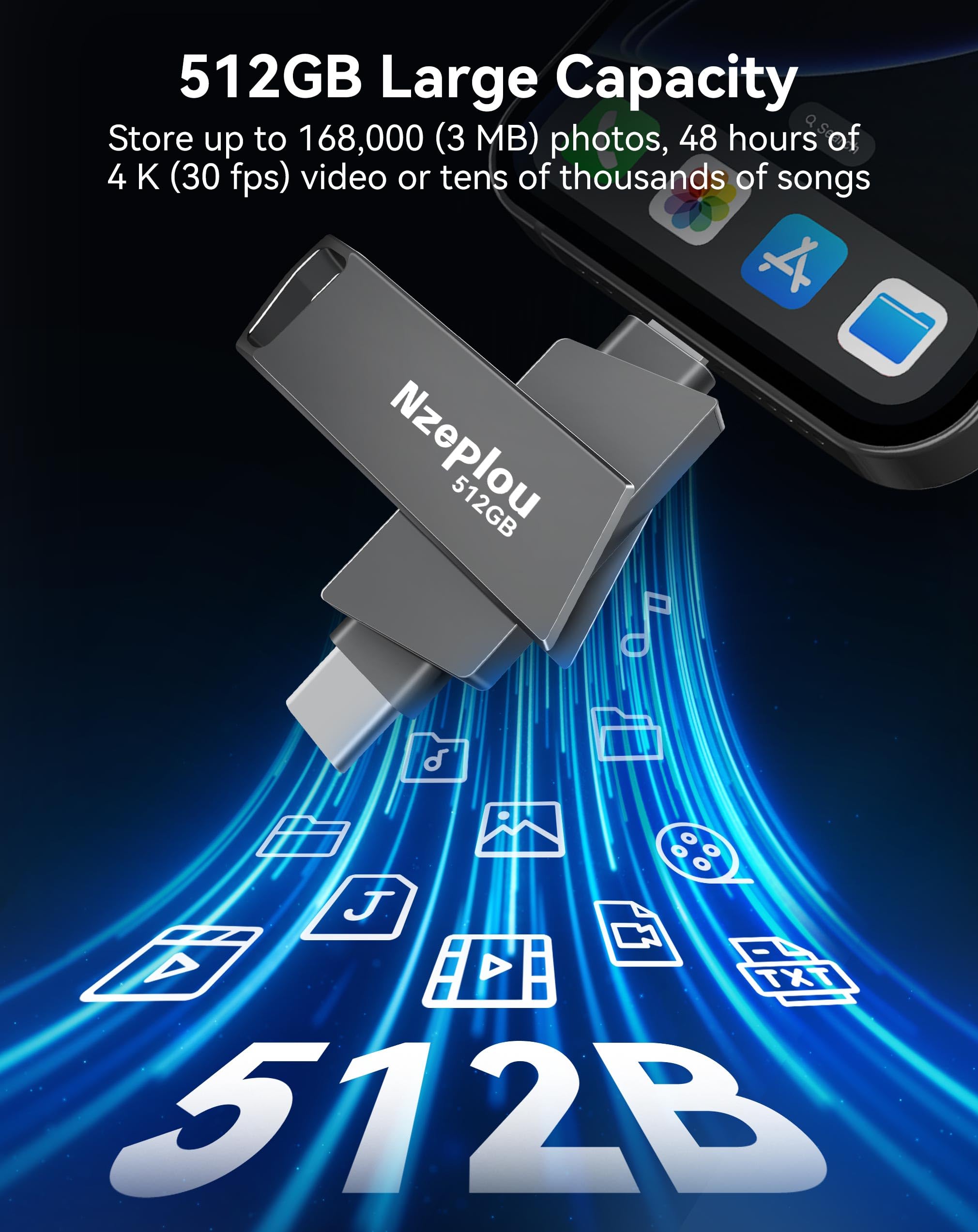 Chiavetta USB 3.0 ad alta velocità per iPhone, iPad, non necessita di app, Lightening & USB-C, memoria esterna per foto, video, backup immagini, plug & play, 512 GB, grigio siderale