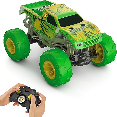 Hot Wheels Monster Trucks - Camión Gunkster RC a escala 115, brilla en la oscuridad, neumáticos de acción de terreno con capacidad todoterreno
