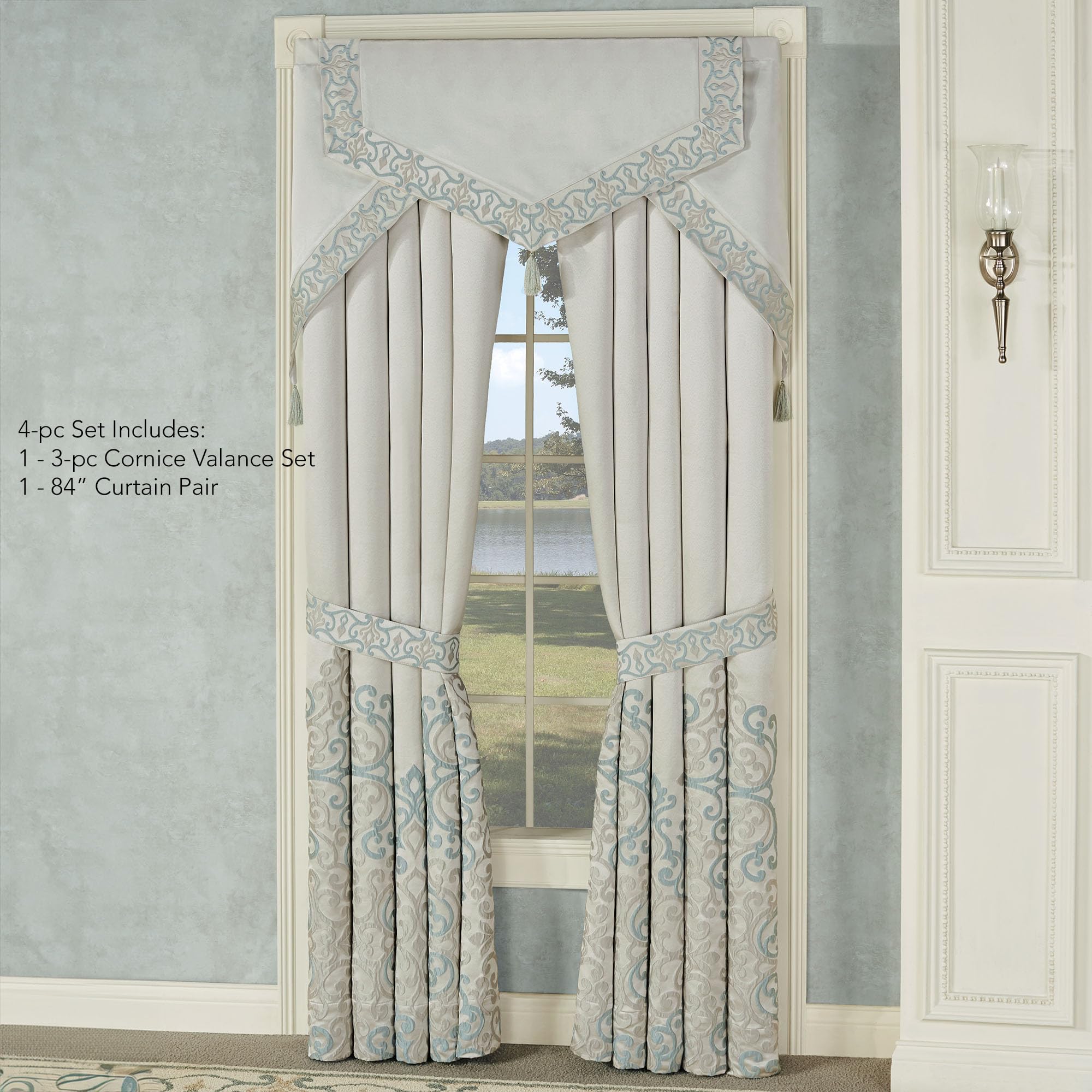 J. Queen New York Luxurious Avalon Lined Window Treatment | Sophisticated Jacquard Woven Scroll | Oyster Spa Silver Gray | 4 Piece Set: Cornice Valances Set and Wide Curtain Pair