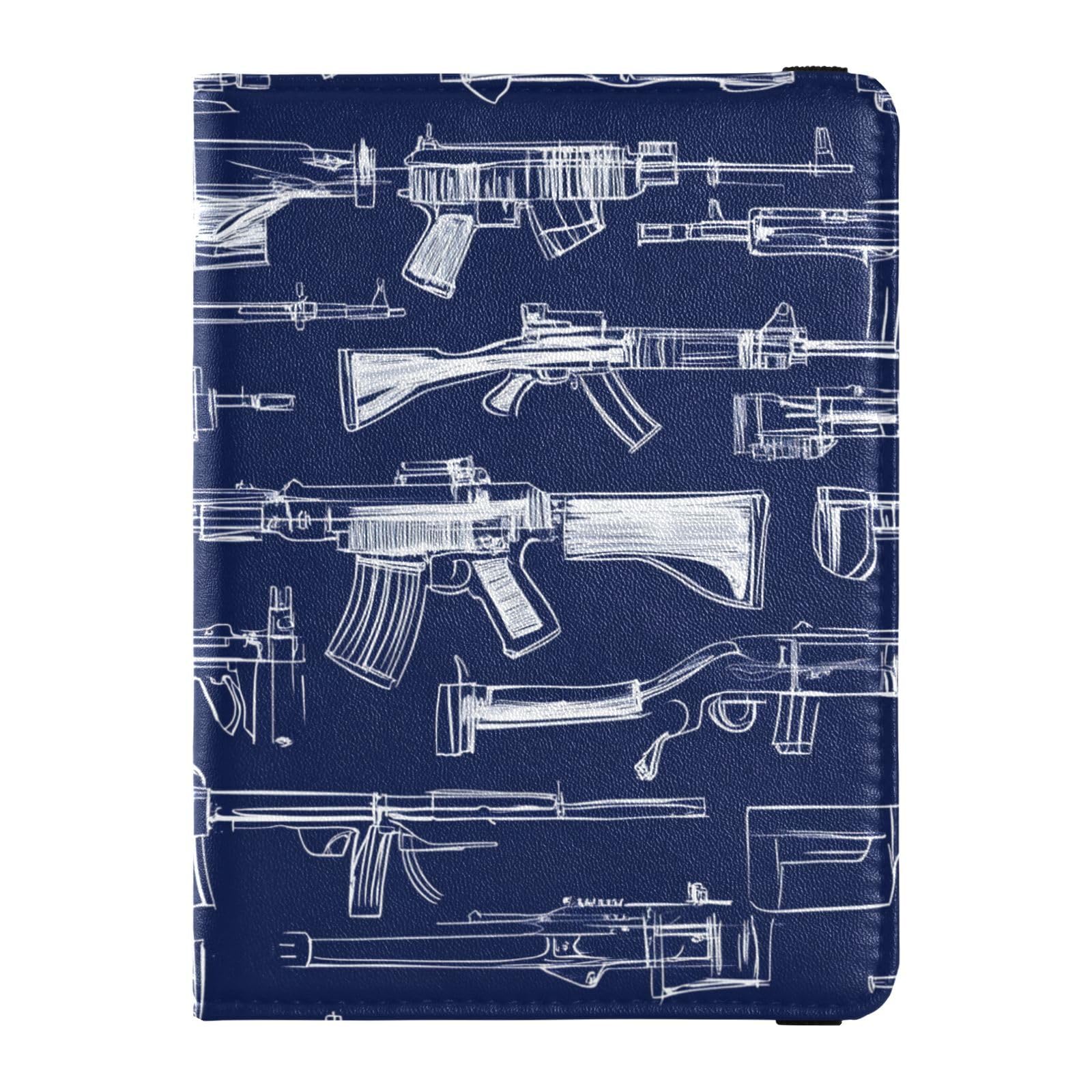 Custodia porta passaporto in pelle blu navy con motivo armi disegnate da linee bianche, porta passaporto, con scomparto per carte di vaccino, leggera