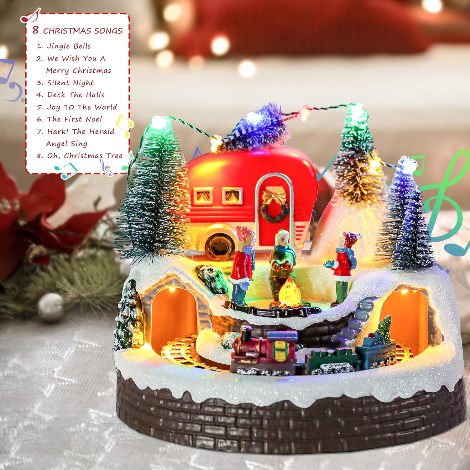 VCUTEKA Christmas Village Houses, Camper with Kids Campfire and Rotating Train Lighted Musical Christmas Village Collectible Building for Xmas Indoor Decorations or Holiday Table Displays
