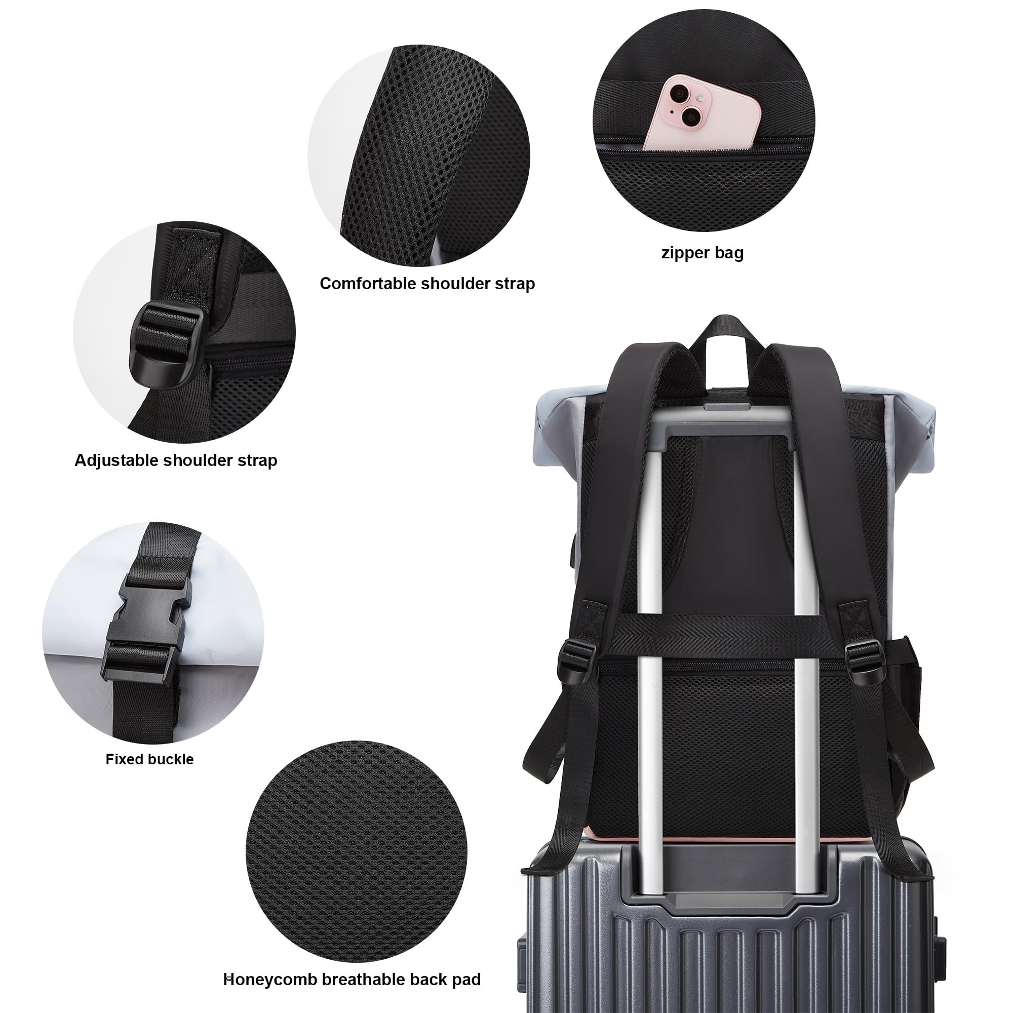 YTL Rolltop Rucksack Damen & Herren,Leichte Rucksäck Wasserdichte Tasche Radfahrenrucksack Reiserucksack Schultasche Teenager Backpack Women Viel Fächer mit 15,6" Laptopfach