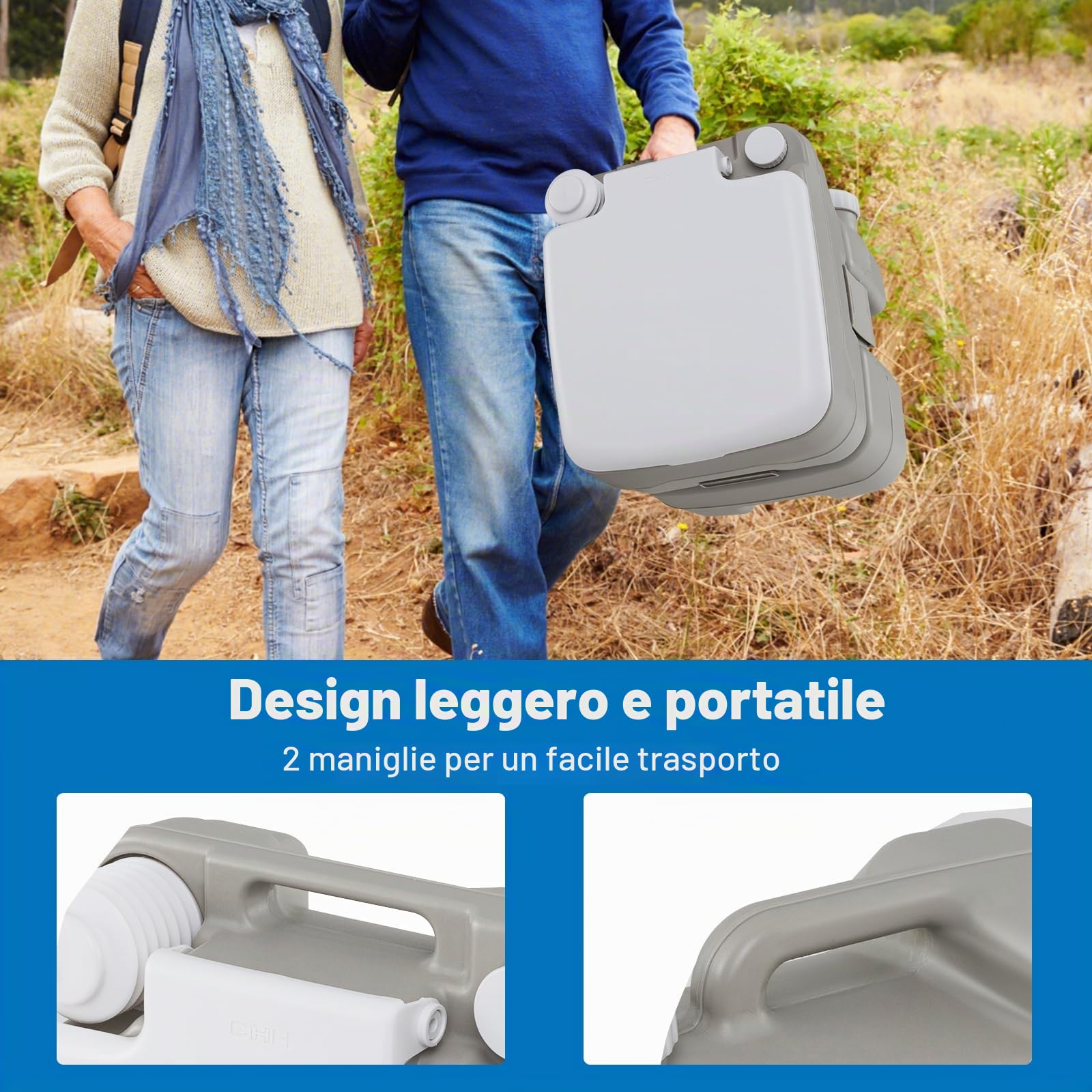 SOARS WC portatile da campeggio, WC portatile con pompa di risciacquo, serbatoio d'acqua 20 l + 10 l, carico 200 kg, altezza seduta 42 cm, imbuto telescopico, per campeggio, viaggio, auto, grigio