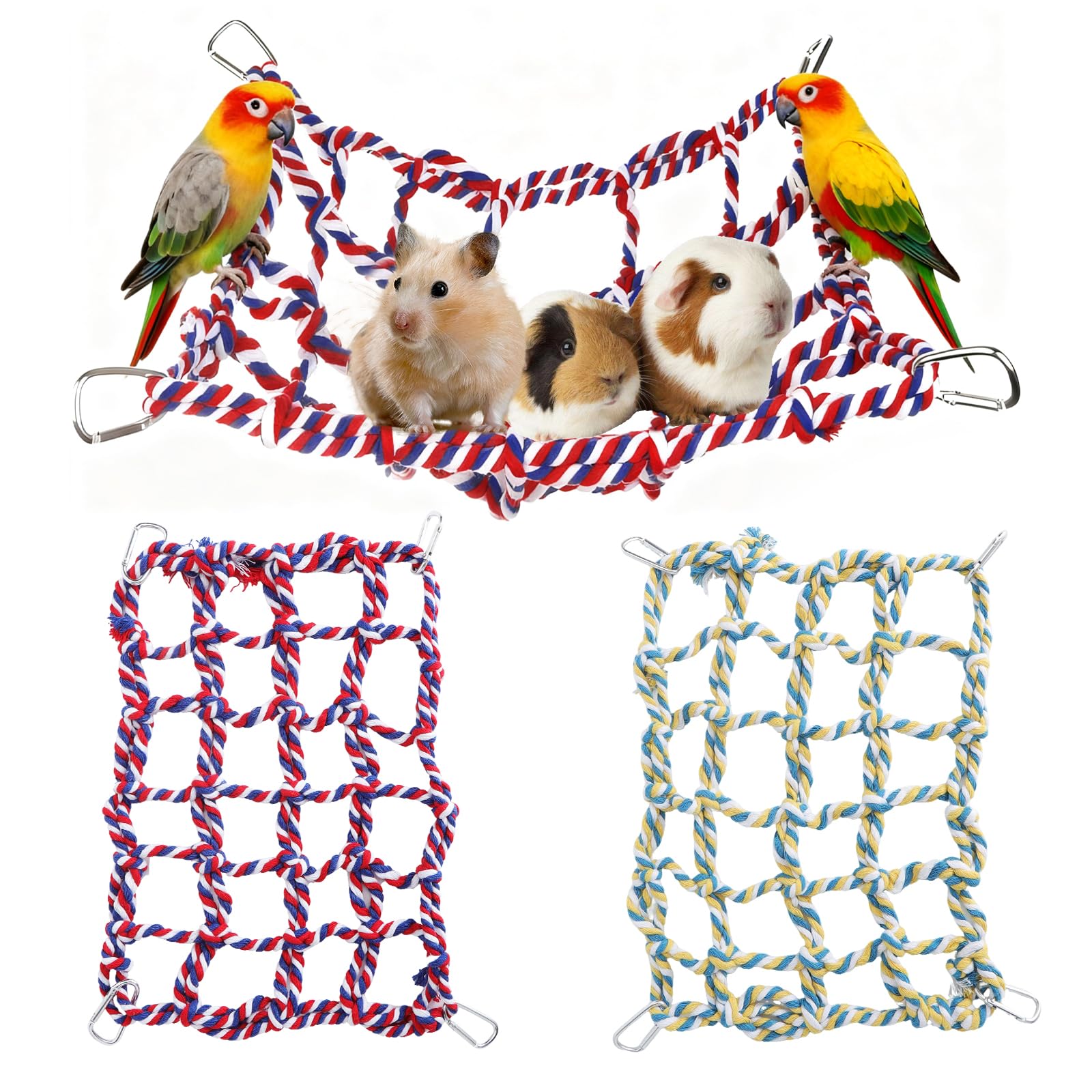 Lot de 2 Filets d’Escalade colorés en Coton pour Petits Animaux – Accessoires pour Cage de Rat avec 4 Crochets – hamac pour Rat, Perroquet, Hamster et Furet – Filet Suspendu Durable et Lavable