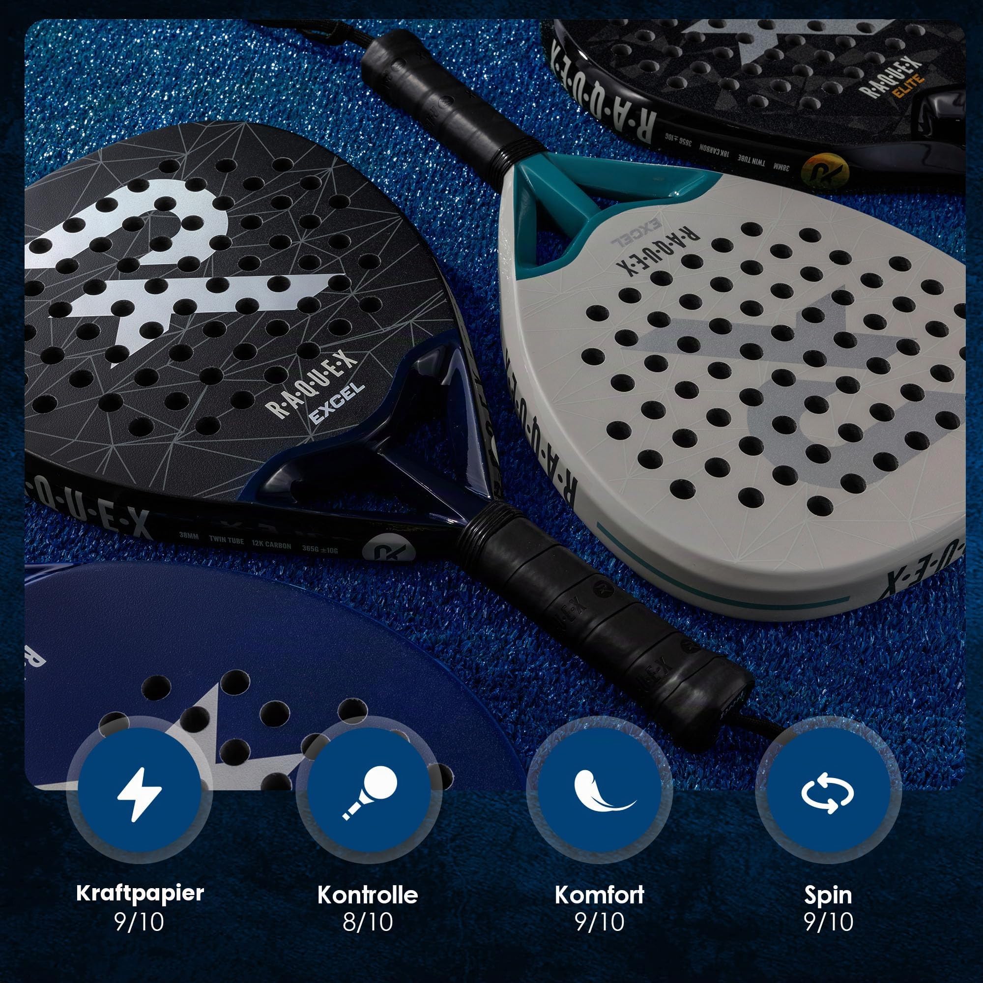 Raquex Excel Padelschläger – für fortgeschrittene Anfänger/Fortgeschrittene – 12K-Carbonrahmen, reaktiver ImpactCore Eva 15-Schaumstoff, Doppelrohr-System für Langlebigkeit – mit Handgelenkschlaufe