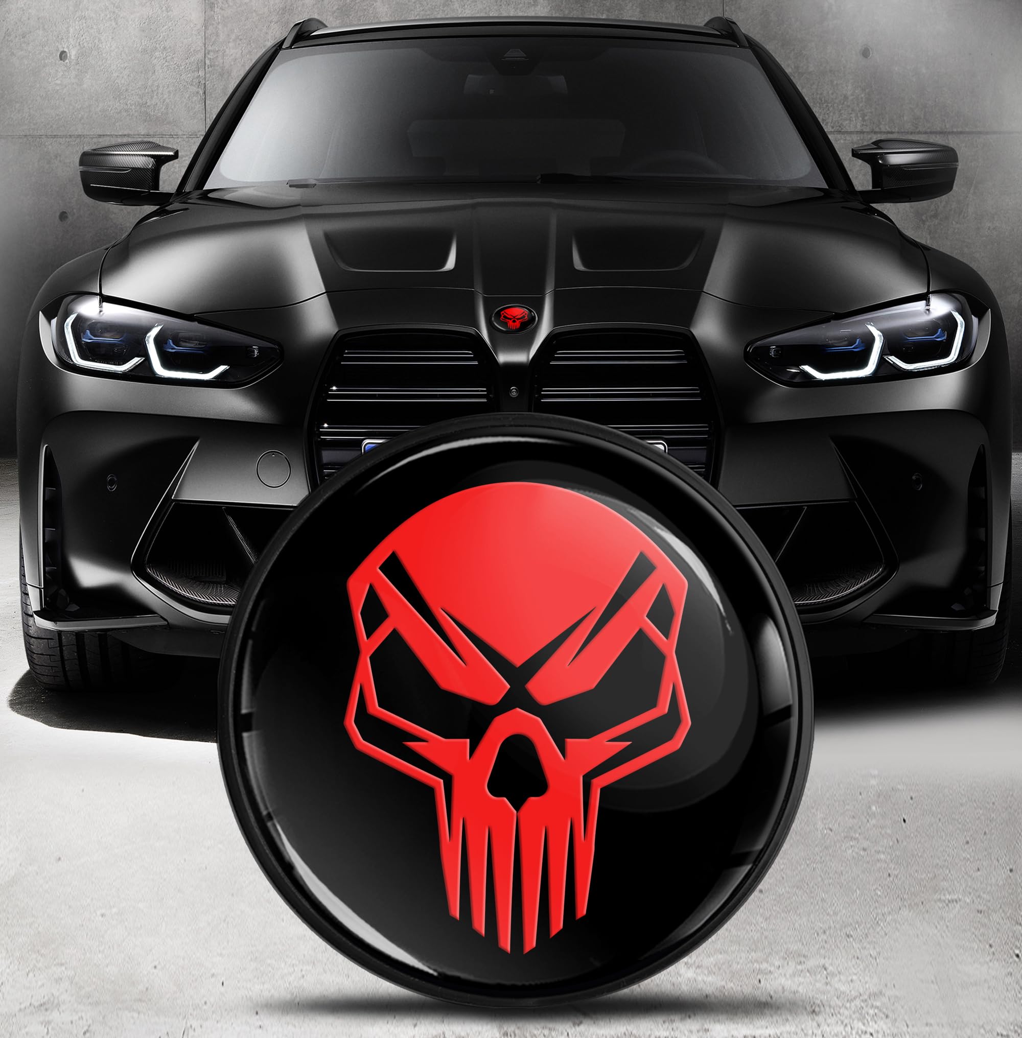 Front Hood Trunk Tuning Badge 82mm Compatible with BMW Emblem 51148132375 Black Red Skull EO 18
