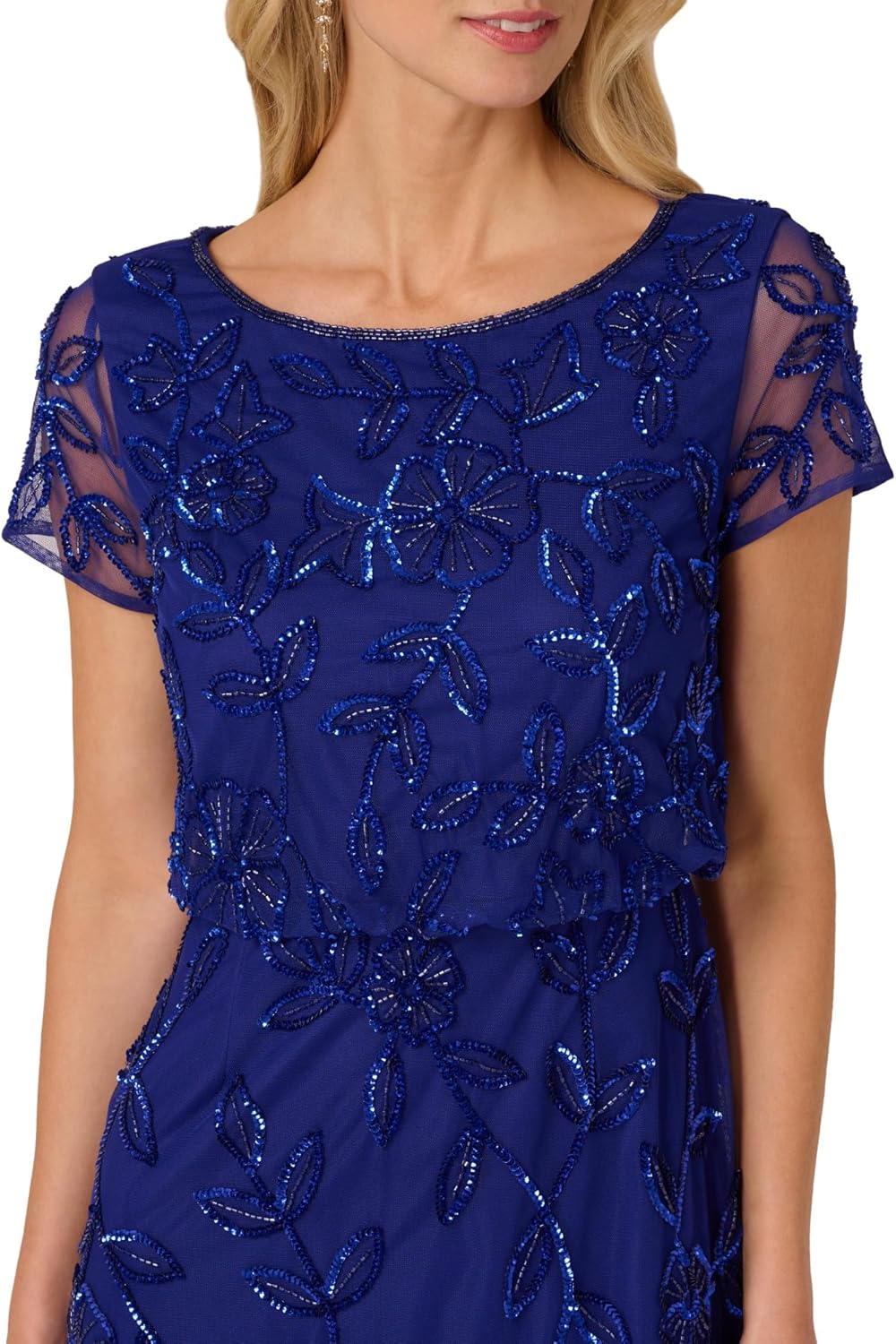 Adrianna Papell Women's Blouson Beaded Long Dress | Formal Beaded Dress with Bloused Bodice & Floral Embellishments - Image 4